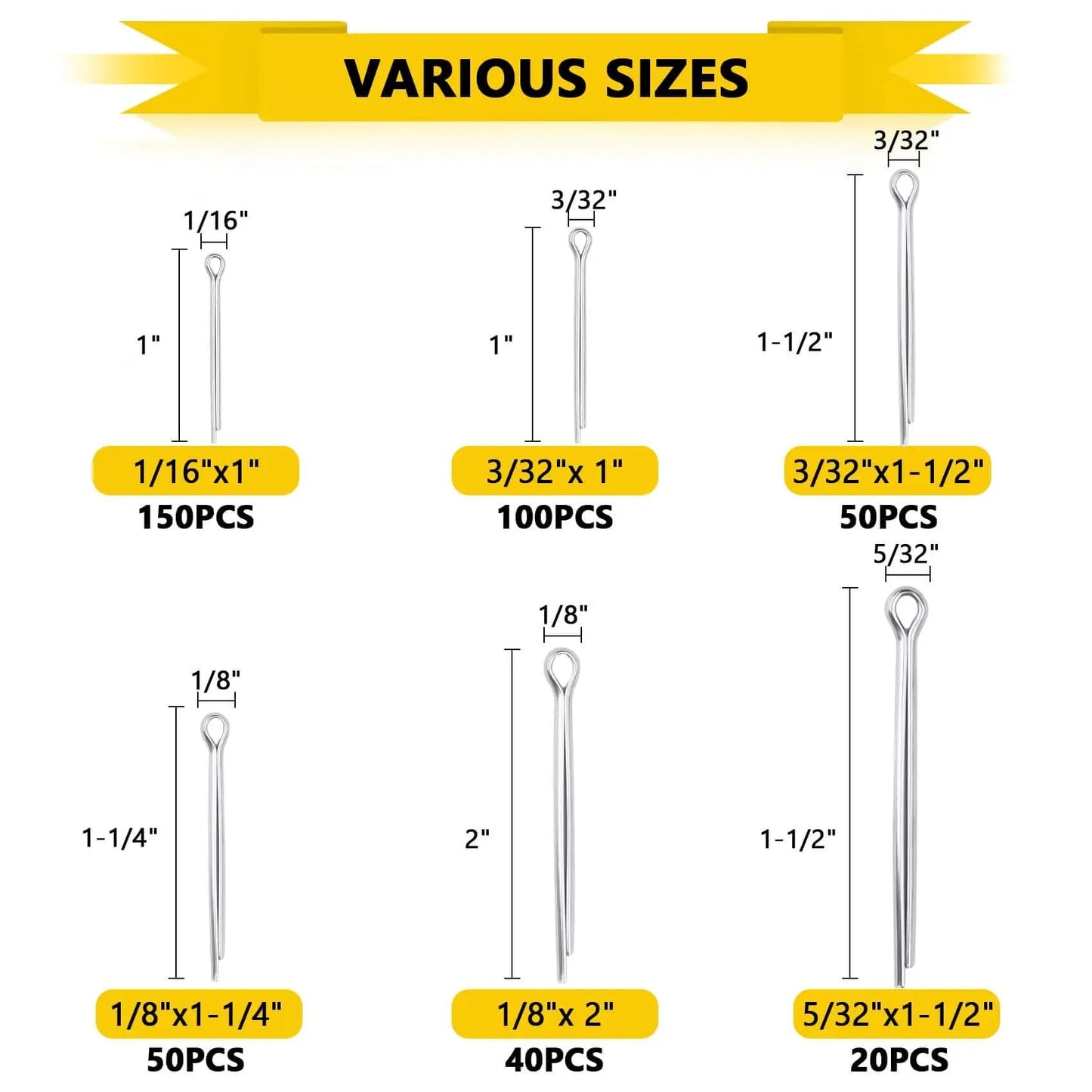 410 Piece Cotter Pins Assortment Kit Pro Grade With 6 Sizes Zinc Plated Carbon Steel Hairpin Cotter Pins size chart