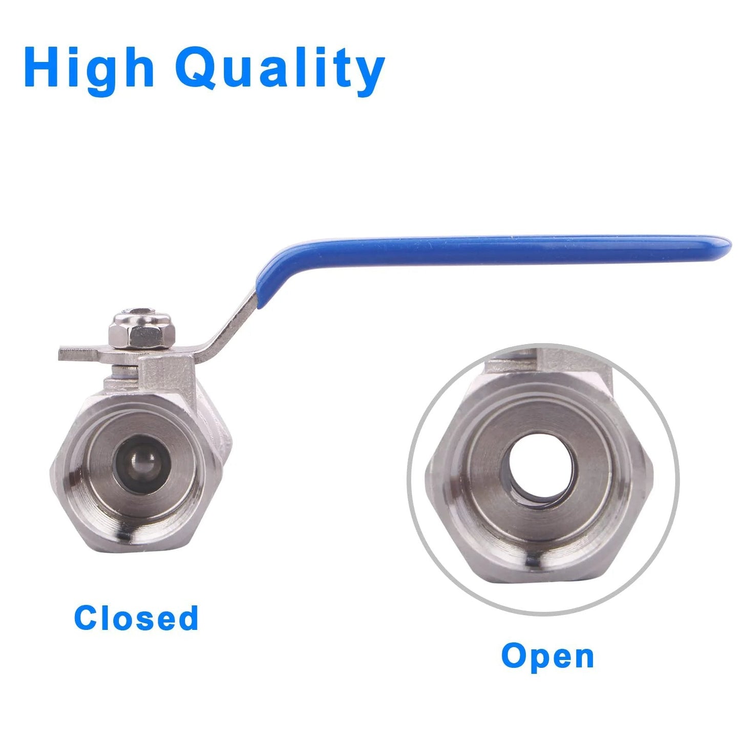 Stainless Steel 304 One Piece Ball Valve With Standard NPT Port and blue vinyl insulated handle showing open and closed positions