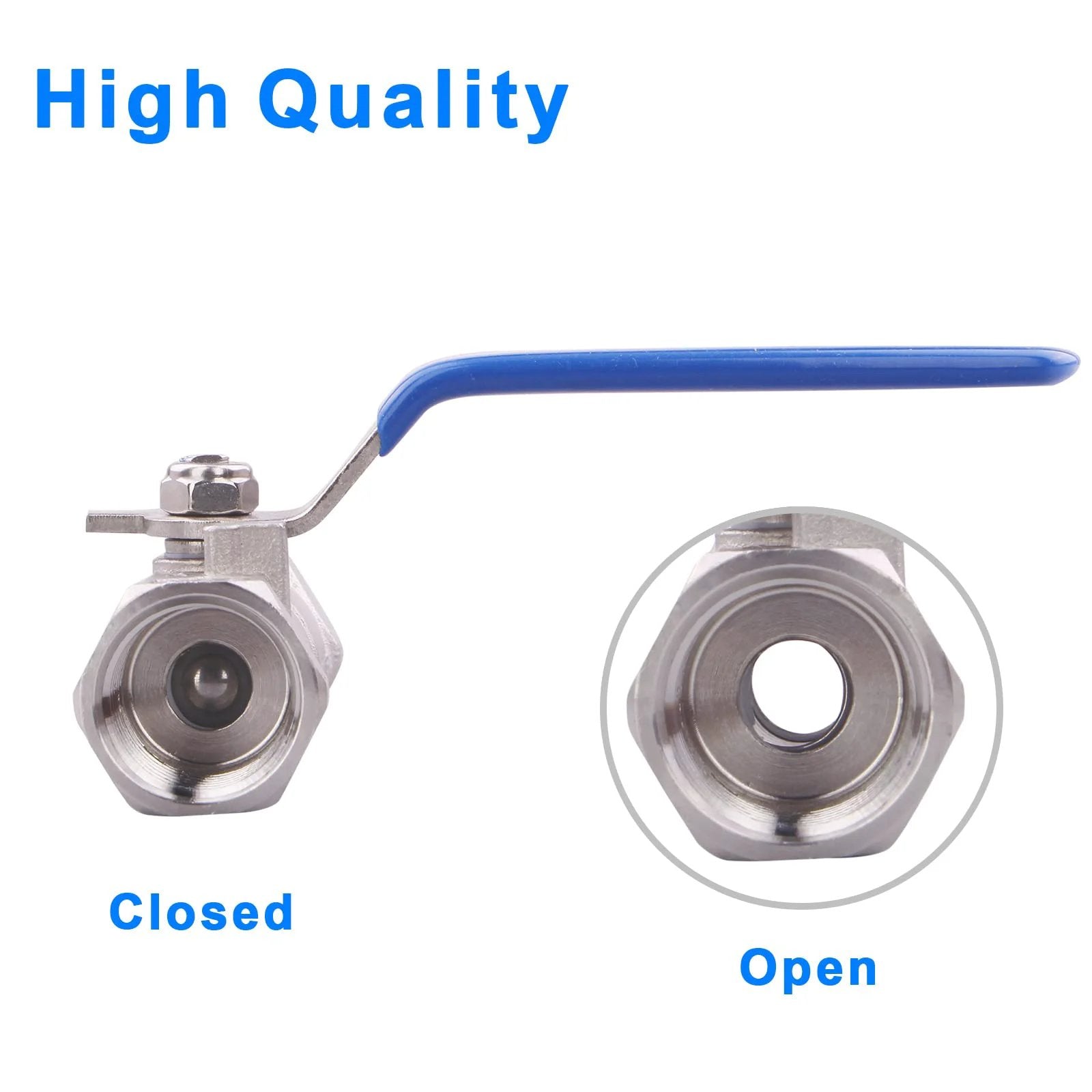 Stainless Steel 304 One Piece Ball Valve With Standard NPT Port and blue vinyl insulated handle showing open and closed positions