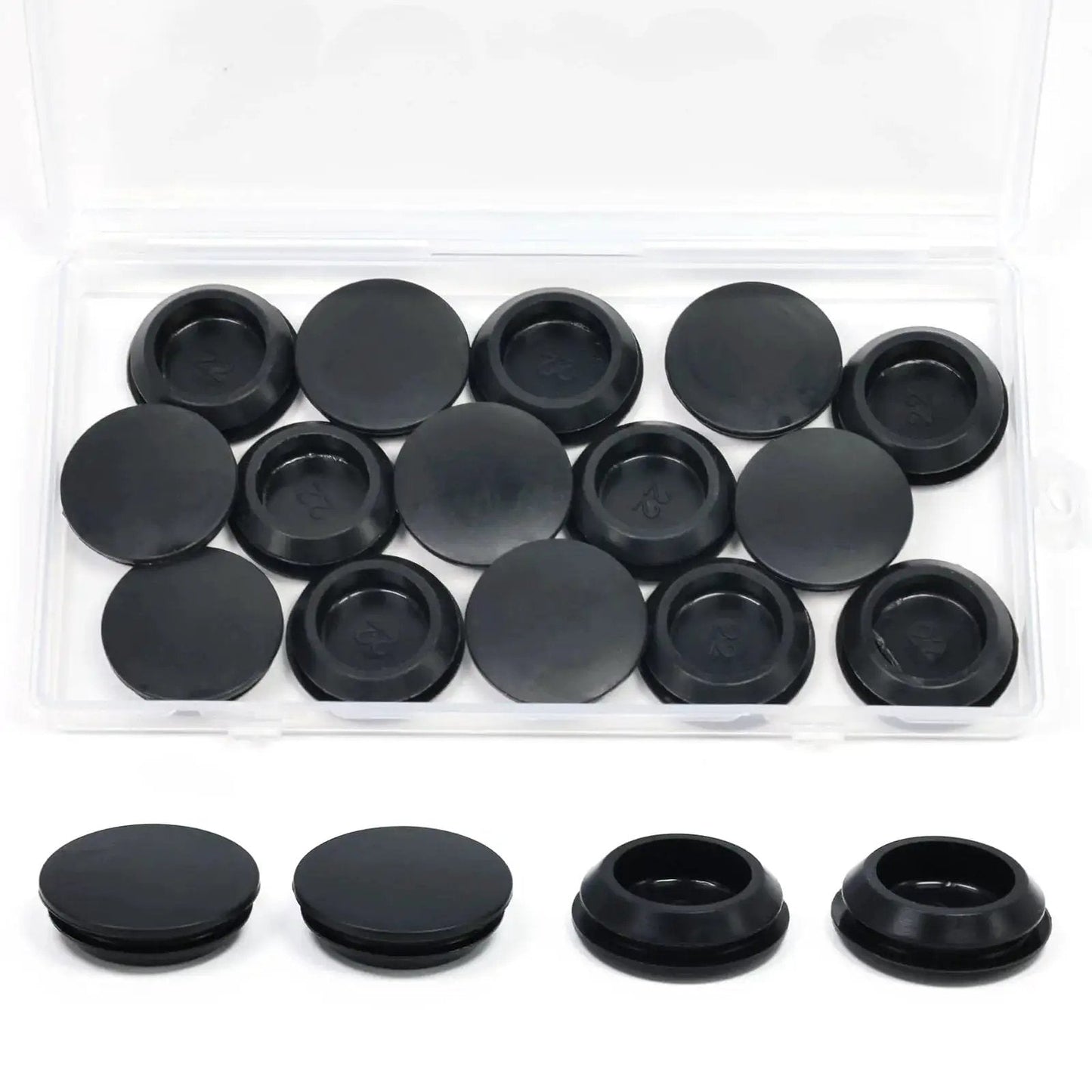 15 Pack Rubber Plugs For Round Holes 22mm Black Snap In Waterproof Silicone Stopper shown in open package
