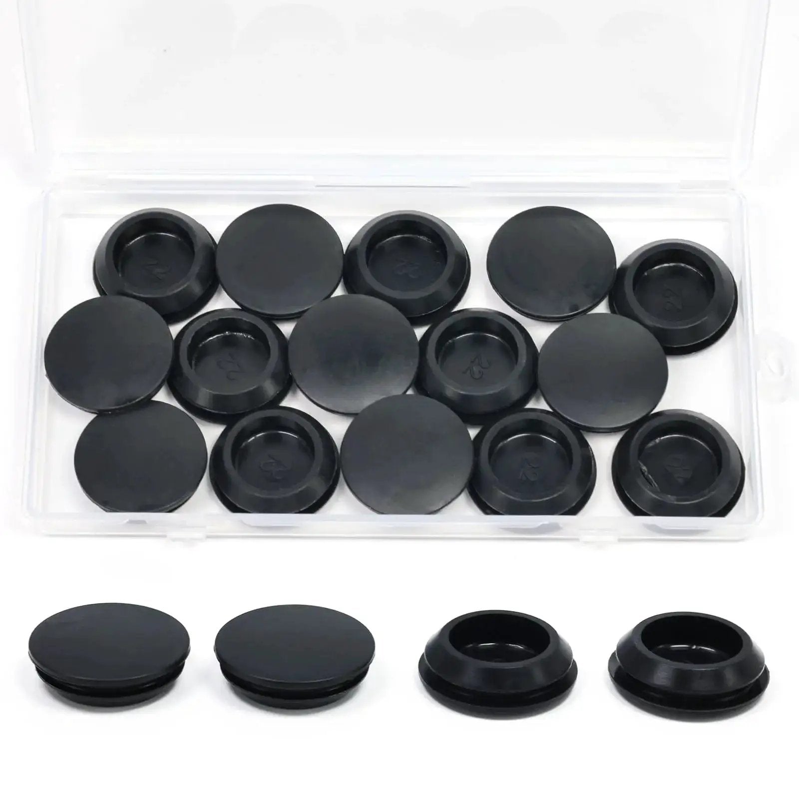 15 Pack Rubber Plugs For Round Holes 22mm Black Snap In Waterproof Silicone Stopper shown in open package