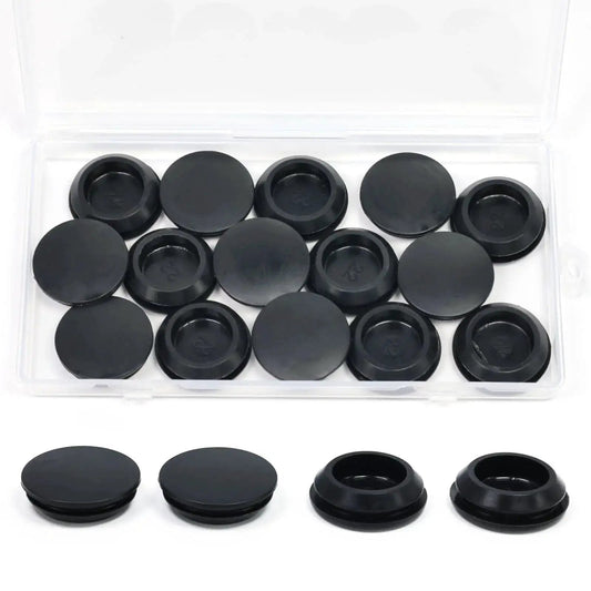 15 Pack Rubber Plugs For Round Holes 22mm Black Snap In Waterproof Silicone Stopper shown in open package
