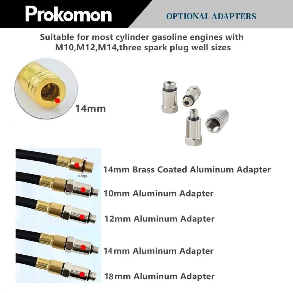 Optional adapters for engine cylinder leak down tester kit for gasoline engines with extension rod Prokomon dual gauge set.