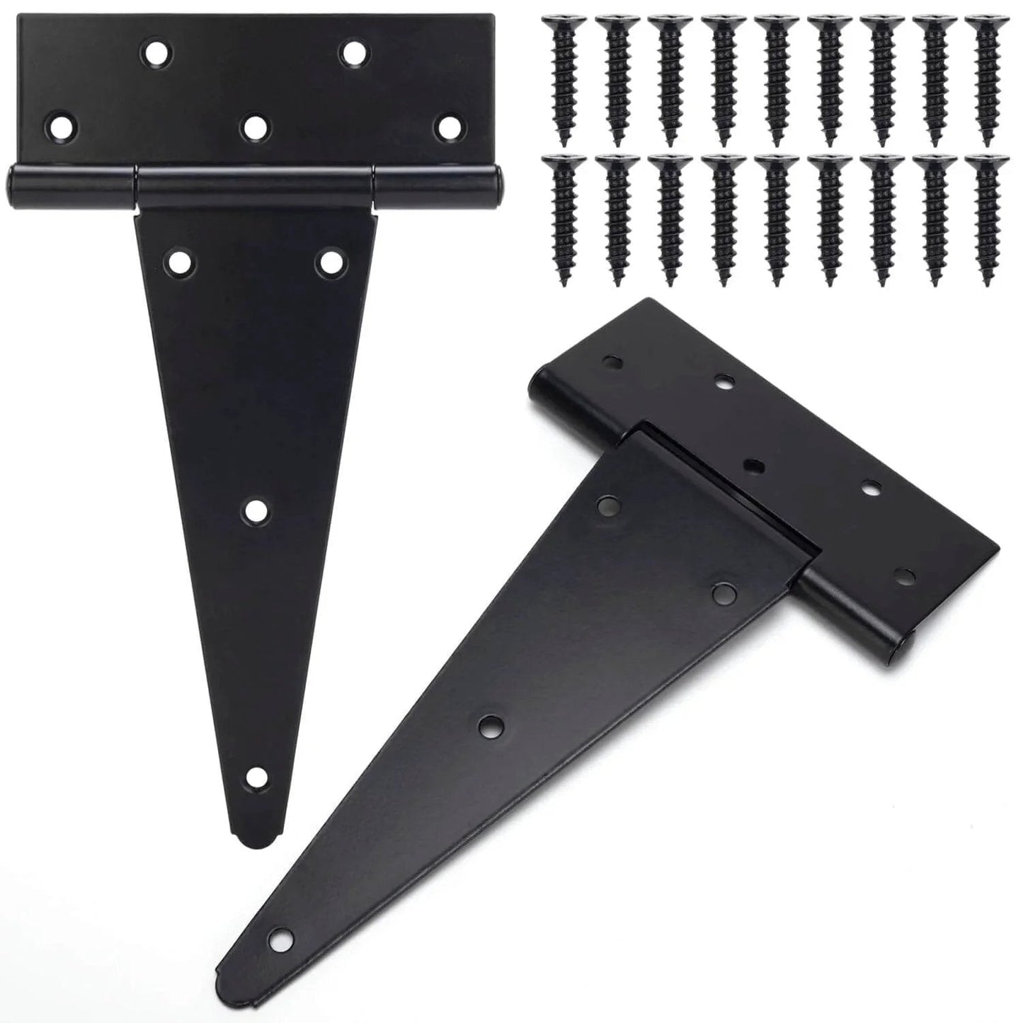 10 Inch T Strap Gate Hinges In Black Powder Coated Finish Heavy Duty Tee Hinges For Wooden Fences And Yard Gates Suitable For Shed And Barn Doors Rustproof And Corrosion Resistant 2 Pack shown with screws