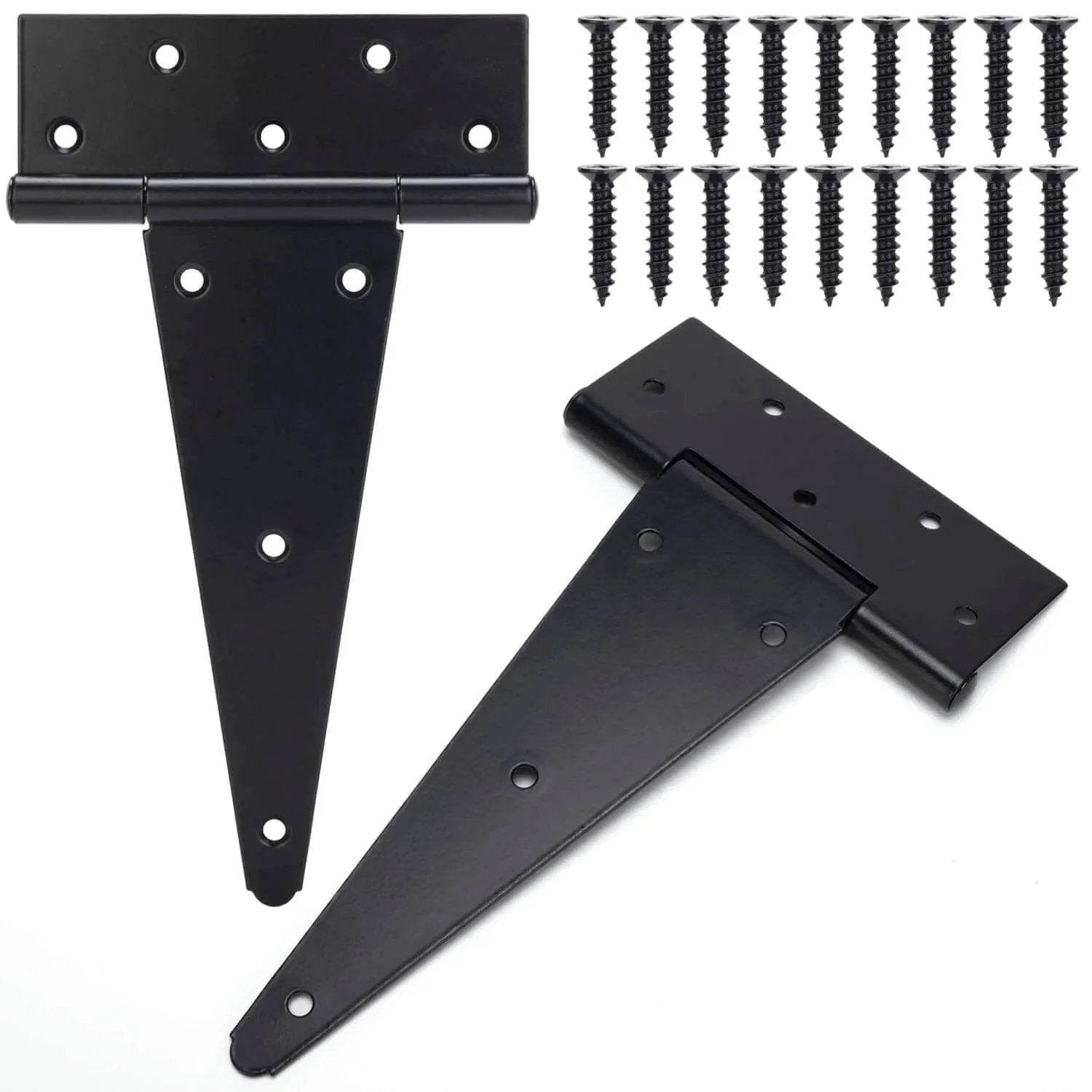 10 Inch T Strap Gate Hinges In Black Powder Coated Finish Heavy Duty Tee Hinges For Wooden Fences And Yard Gates Suitable For Shed And Barn Doors Rustproof And Corrosion Resistant 2 Pack shown with screws