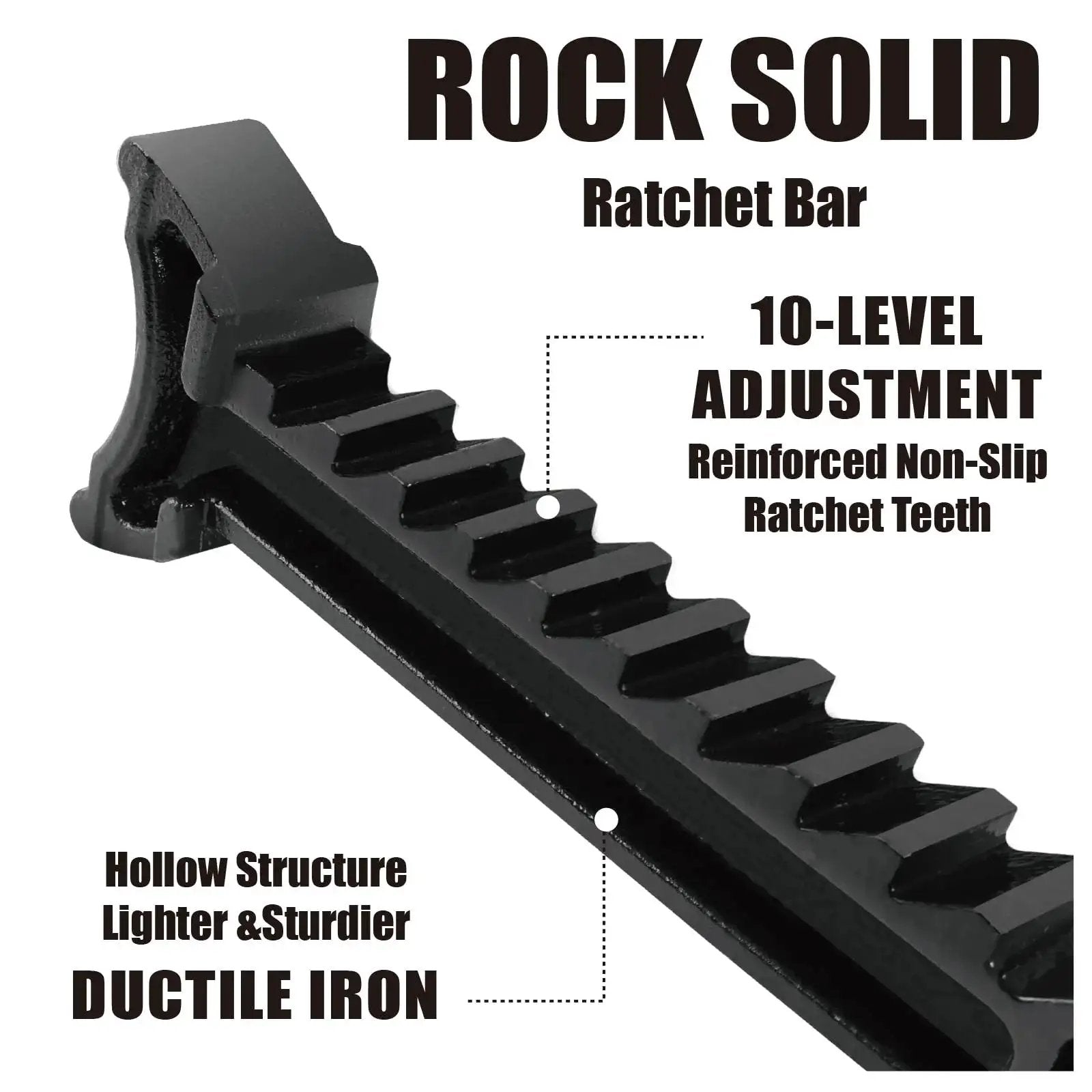 Close-up of ductile iron ratchet bar for Heavy Duty 3 Ton Steel Jack Stands With Double Locking Pins 2 Pack, showing 10-level adjustment.
