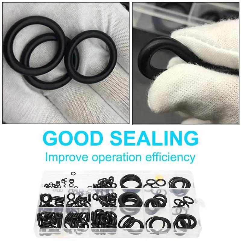 225 Pieces Nitrile Rubber O Ring Kit With 18 Size Assortment for sealing; shown with close-up view of rubber rings and assortment box.