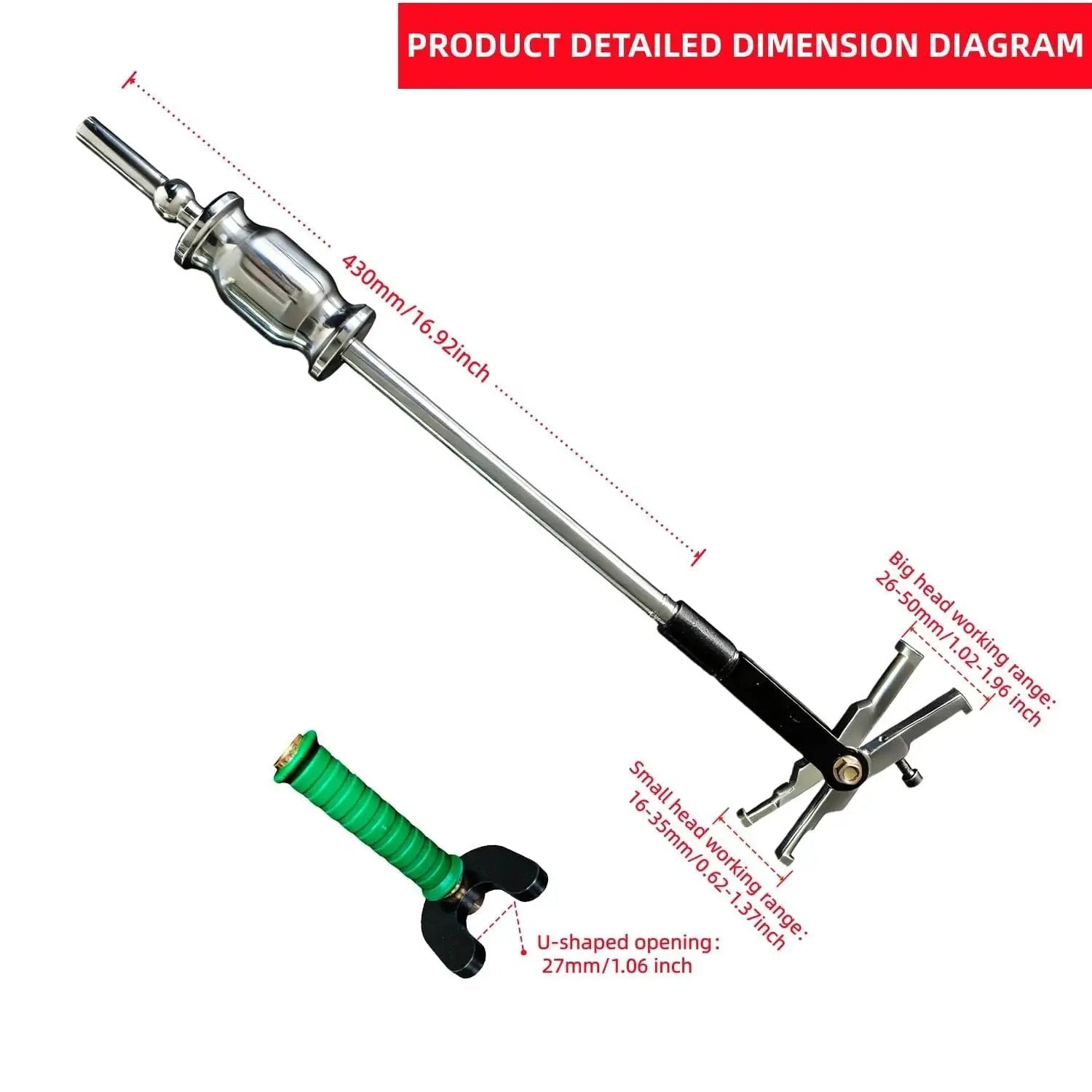 Diagram of Internal Bearing Puller Tool With Double Headed Slide Hammer U Shaped Claw and Expandable Collets for 16 to 45 mm.
