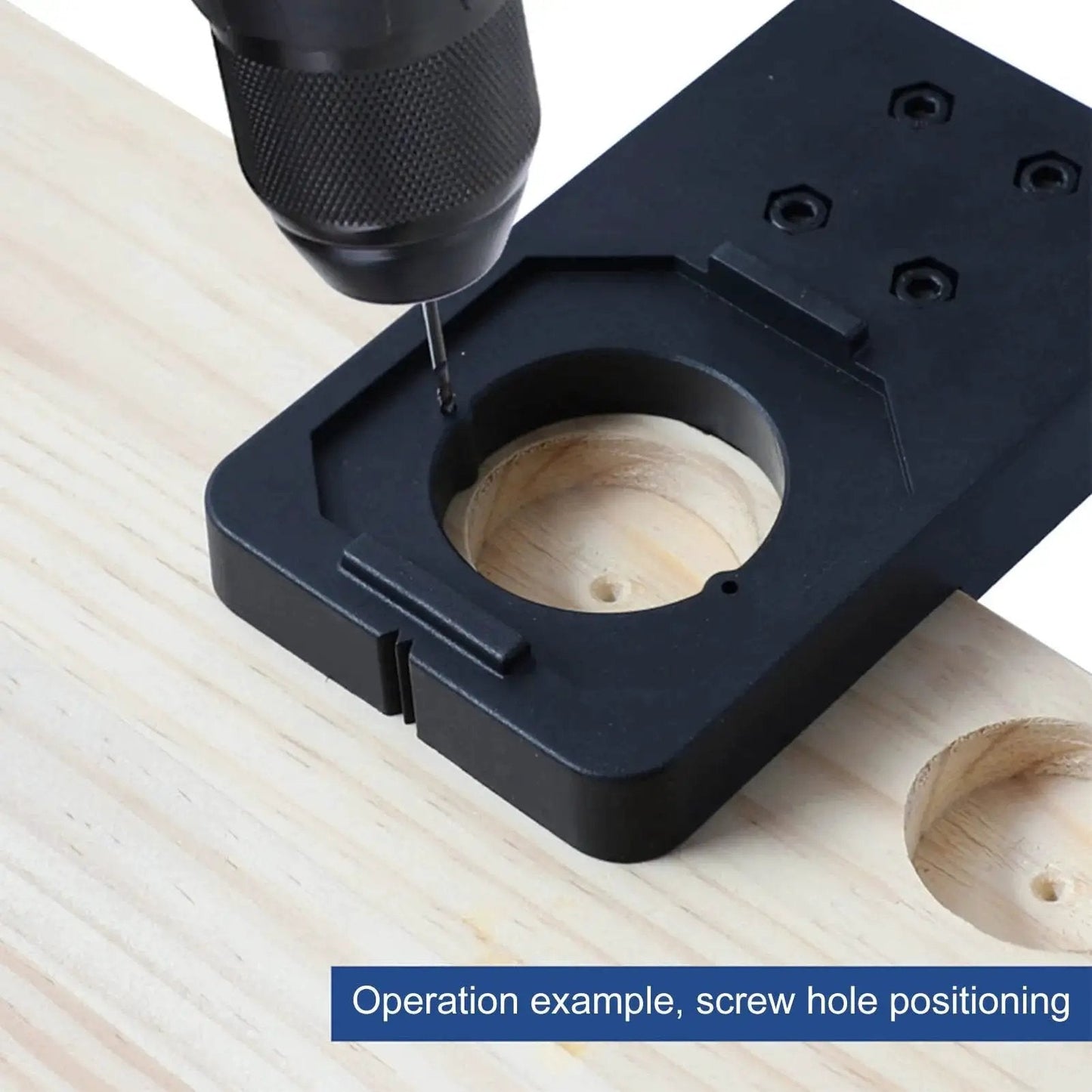 Household Woodworking Hinge Boring Jig Kit 35mm And 1.4 Inch Hole Opener in use drilling a hole in wood