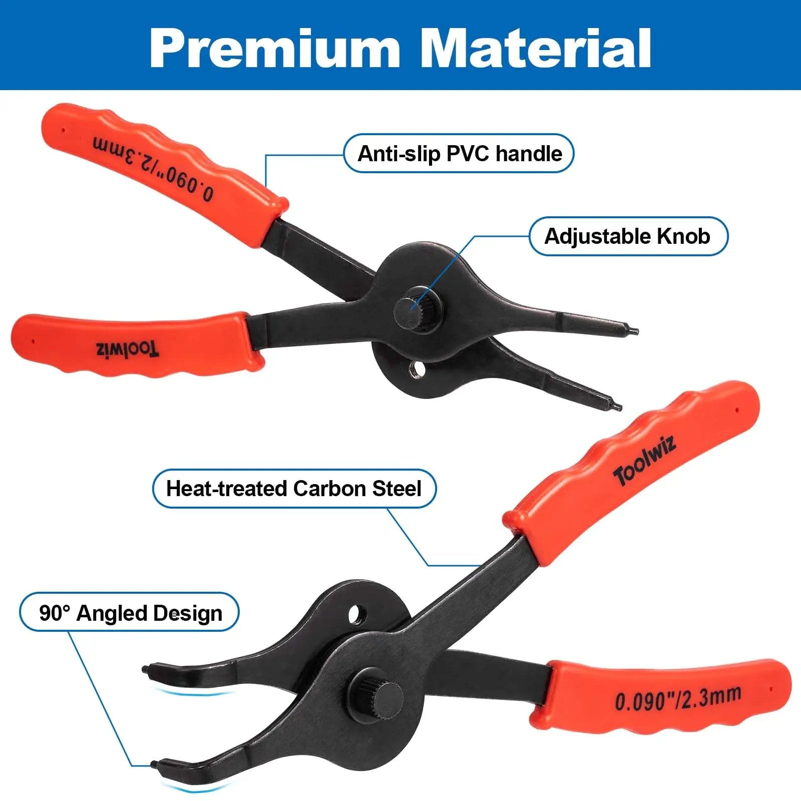 Snap Ring Pliers Set 10 Piece Kit For Internal And External Retaining Rings With Bent And Straight Tips Heavy Duty Automotive Tools Include Pick And Storage Case, featuring PVC handle and carbon steel construction.