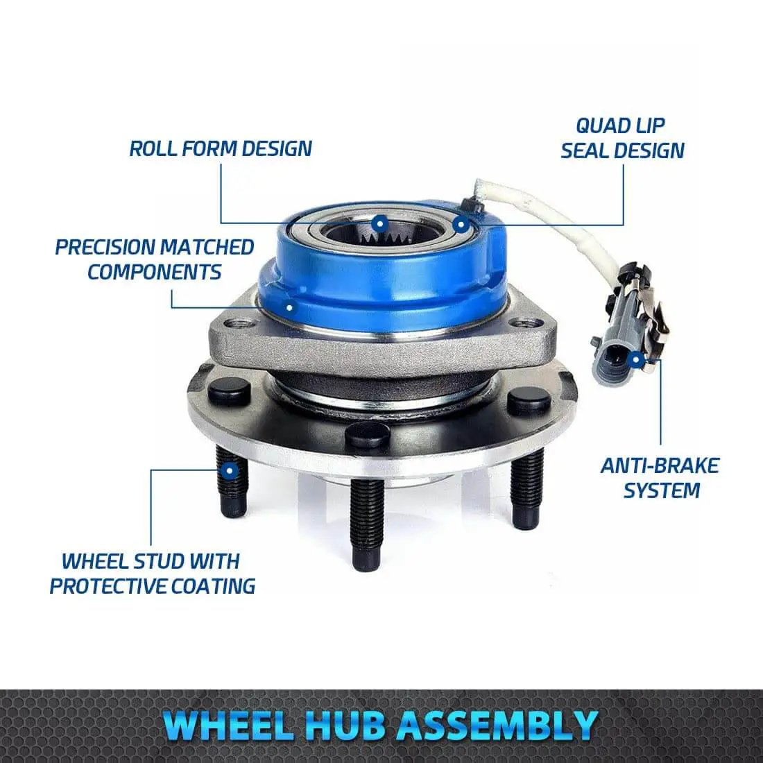 Front view of Set of 2 Front Wheel Hub and Bearing Assemblies, 5-Lug ABS, Fits 2006-2011 Buick Lucerne, 2005 Chevy Uplander 2WD with key features labeled