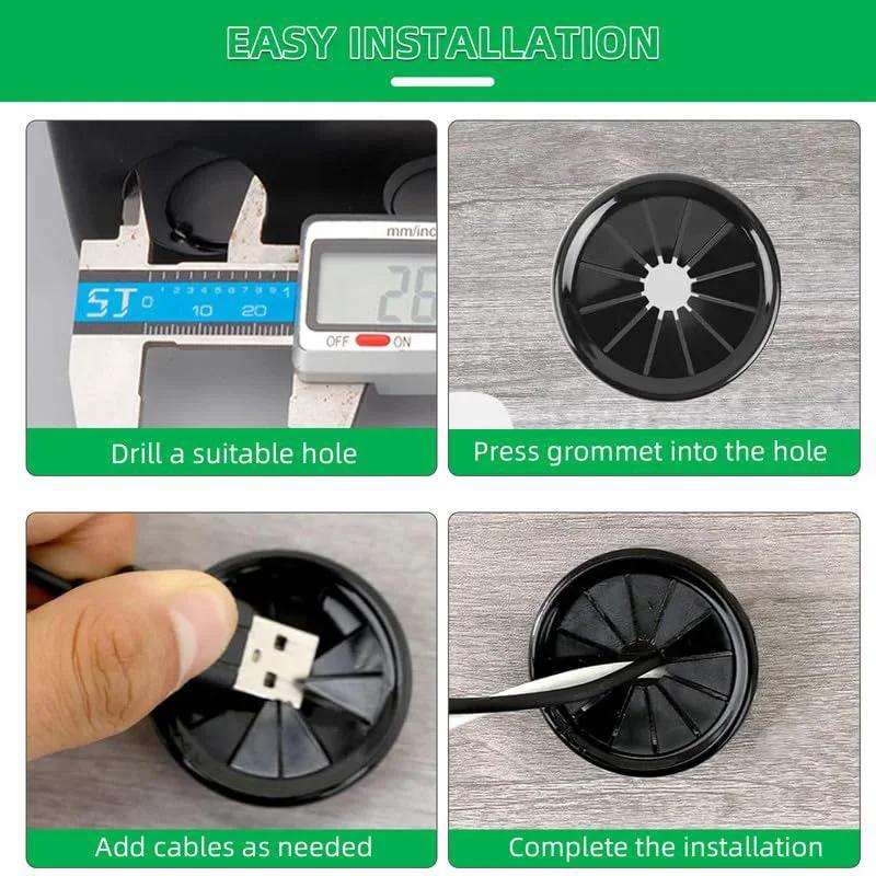 Easy installation steps for 4 Pack Desk Cable Grommets 63mm Petal Buckle Nylon Snap Bushing For Cables And Wires Management.