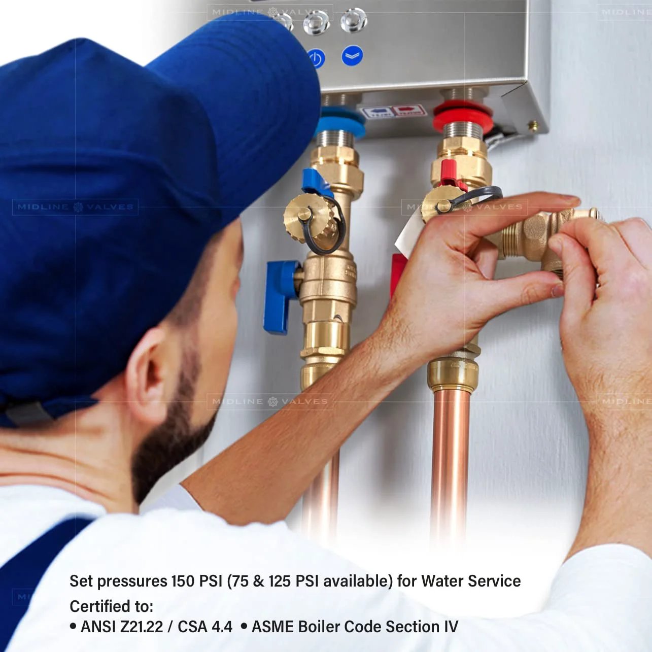 Installer adjusting Pressure Relief Valve For Tankless Water Heater Heavy Duty Forged Brass Three Quarter Inch FIP To MIP Lead Free
