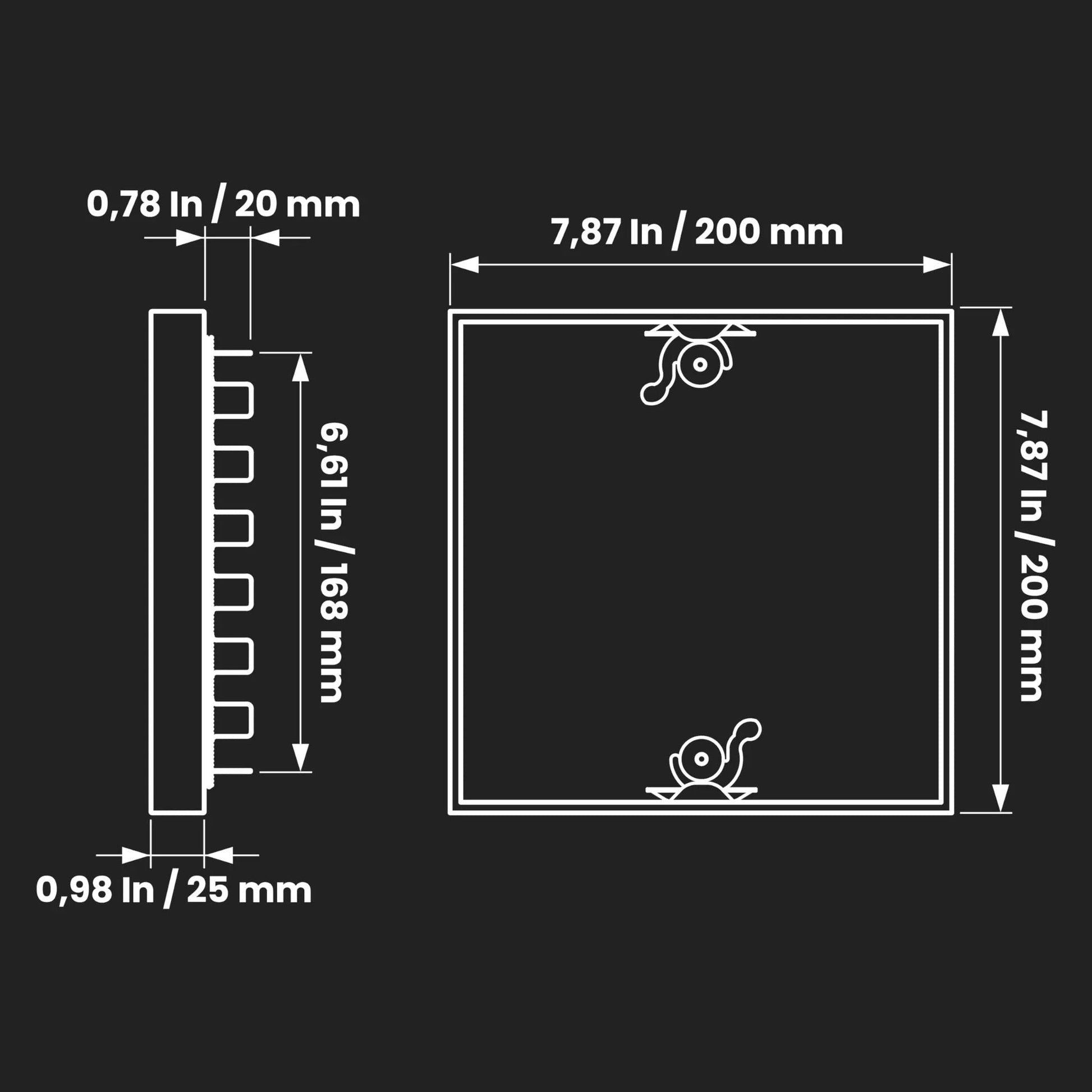 Diagram showing 8 X 8 Inch Galvanized Steel Duct Access Door With Airtight Insulation For Crawl Space, Hinged Two Clasp Lock, dimensions labeled.