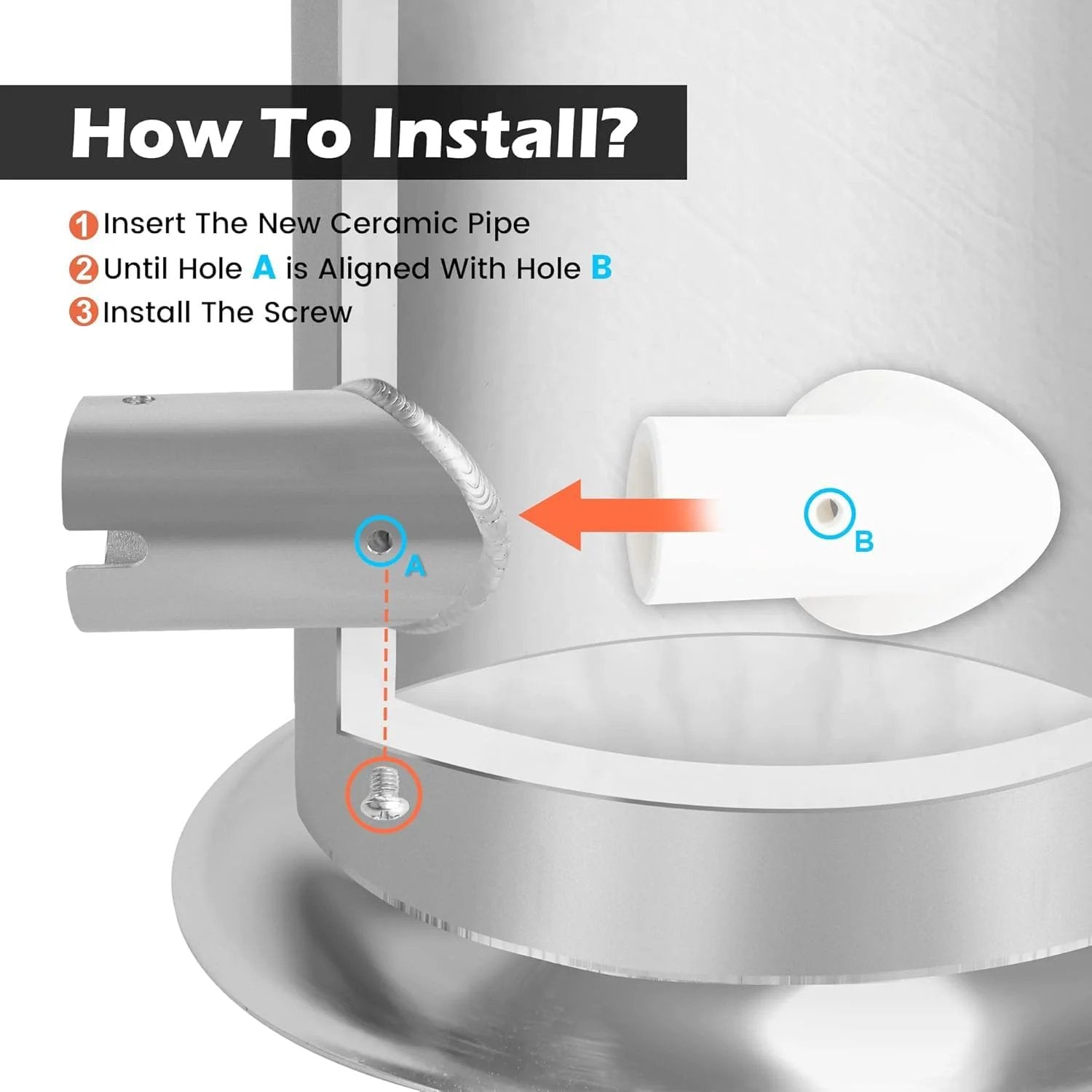Installation guide for Heavy Duty Ceramic Insulating Nozzle For Furnace Replacement Pipe showing alignment and screw steps.