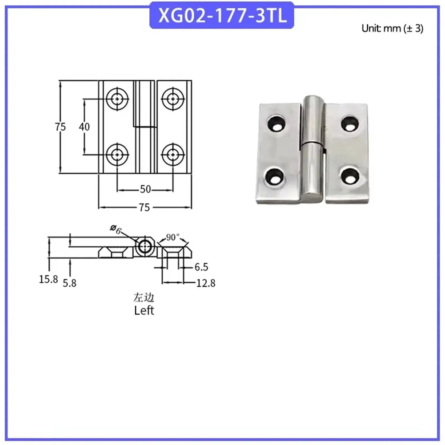 Removable Heavy Machinery Hinge In 304 Stainless Steel With High Load Bearing Capacity For Industrial Equipment Built Tough Quick Release Durable Single Piece Design Model XG02-177-3TL Easy Mounting, with technical dimensions shown