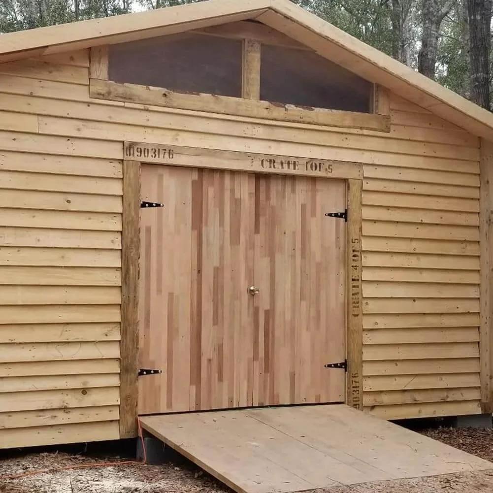 Wooden shed with double doors using 8 Inch T Strap Barn Door Hinges Heavy Duty Gate Hinge Set Black Wrought Iron Rustproof 6 Pcs.