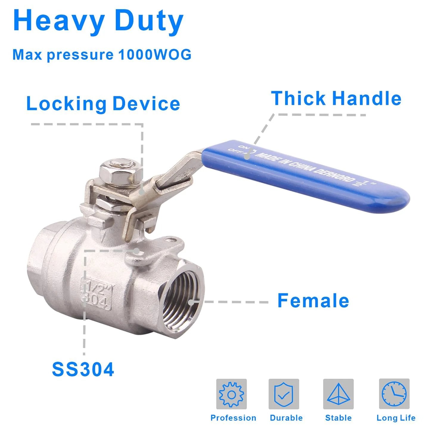2 Pack Stainless Steel 304 Ball Valves Full Port Heavy Duty With Locking Device Half Inch NPT for Water Oil Gas