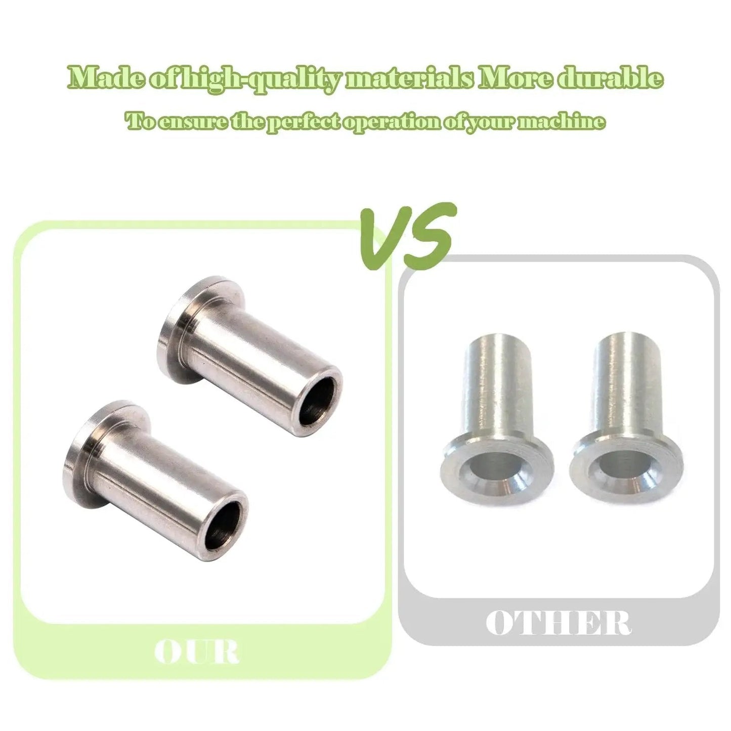 Comparison of Bearing Sleeve Kit Two Pack For D And E Series Beverage Dispensers Stainless Steel Replacement next to competitors' sleeves