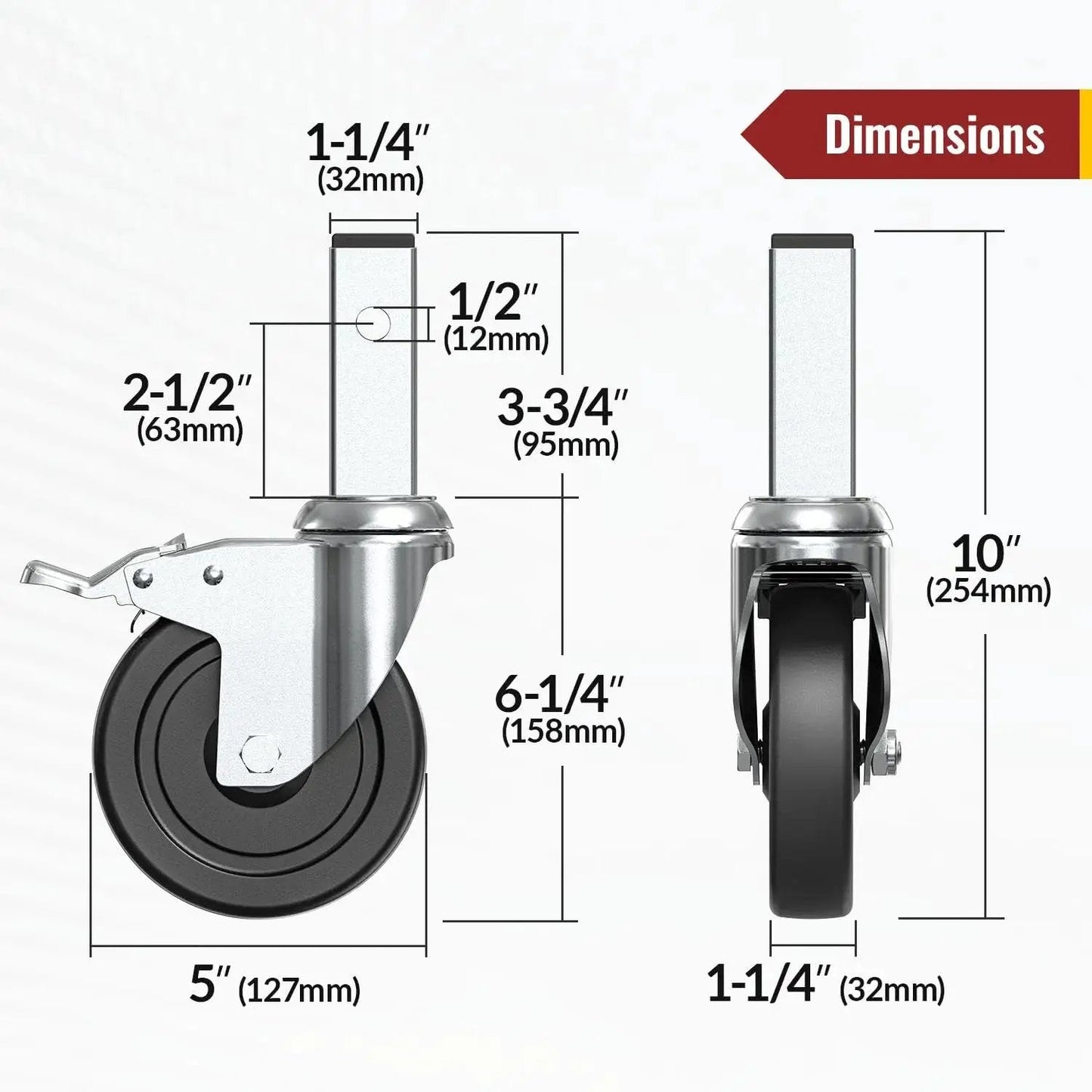 Dimensions diagram for 5 Inch Scaffolding Caster Wheels Set Of Four With Dual Locking Swivel Casters And One And A Quarter Inch Square Stem