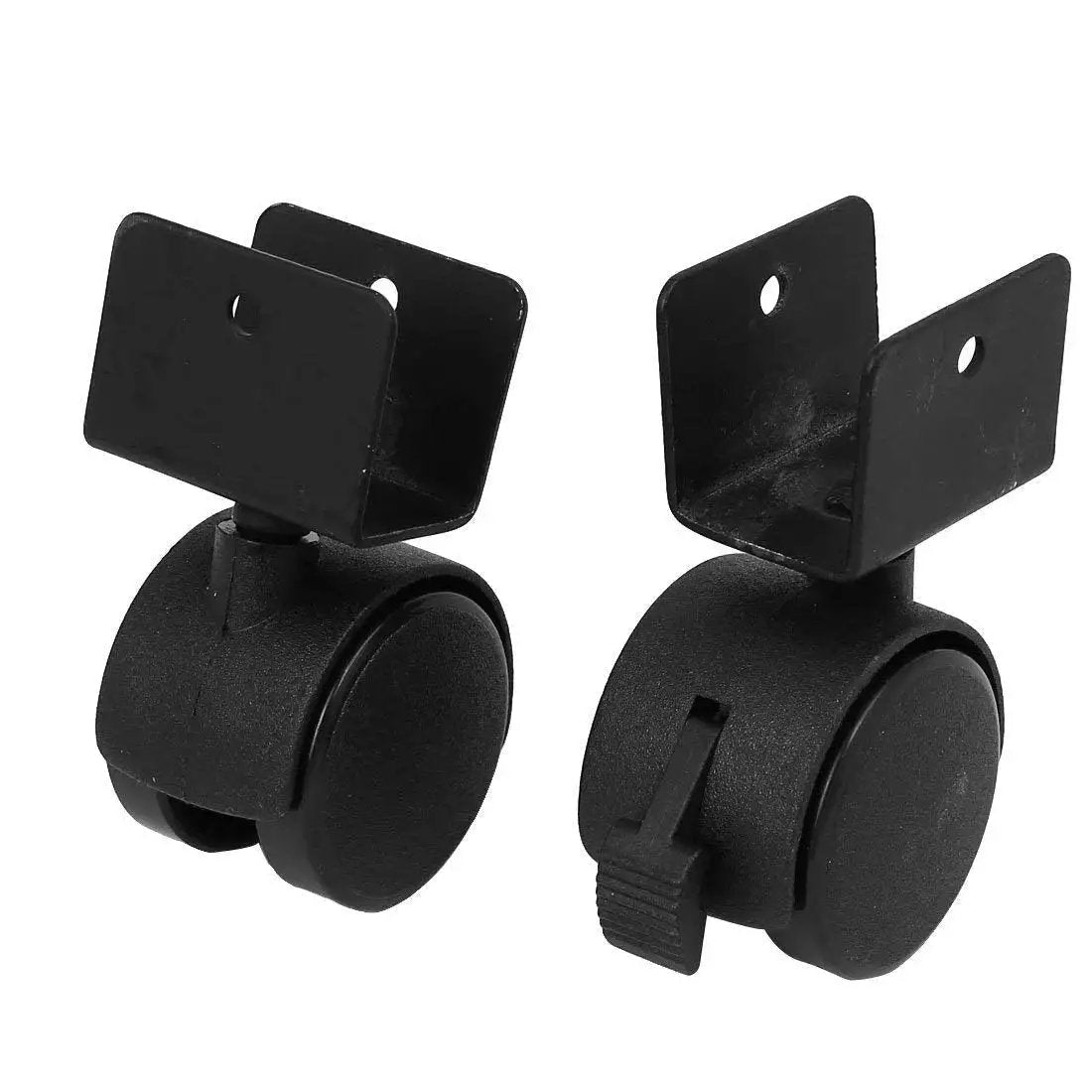 Close-up of 1.5 Inch Furniture Caster Wheels with Swivel and Brakes, U Bracket Mounting in black, showing wheel and mounting hole.