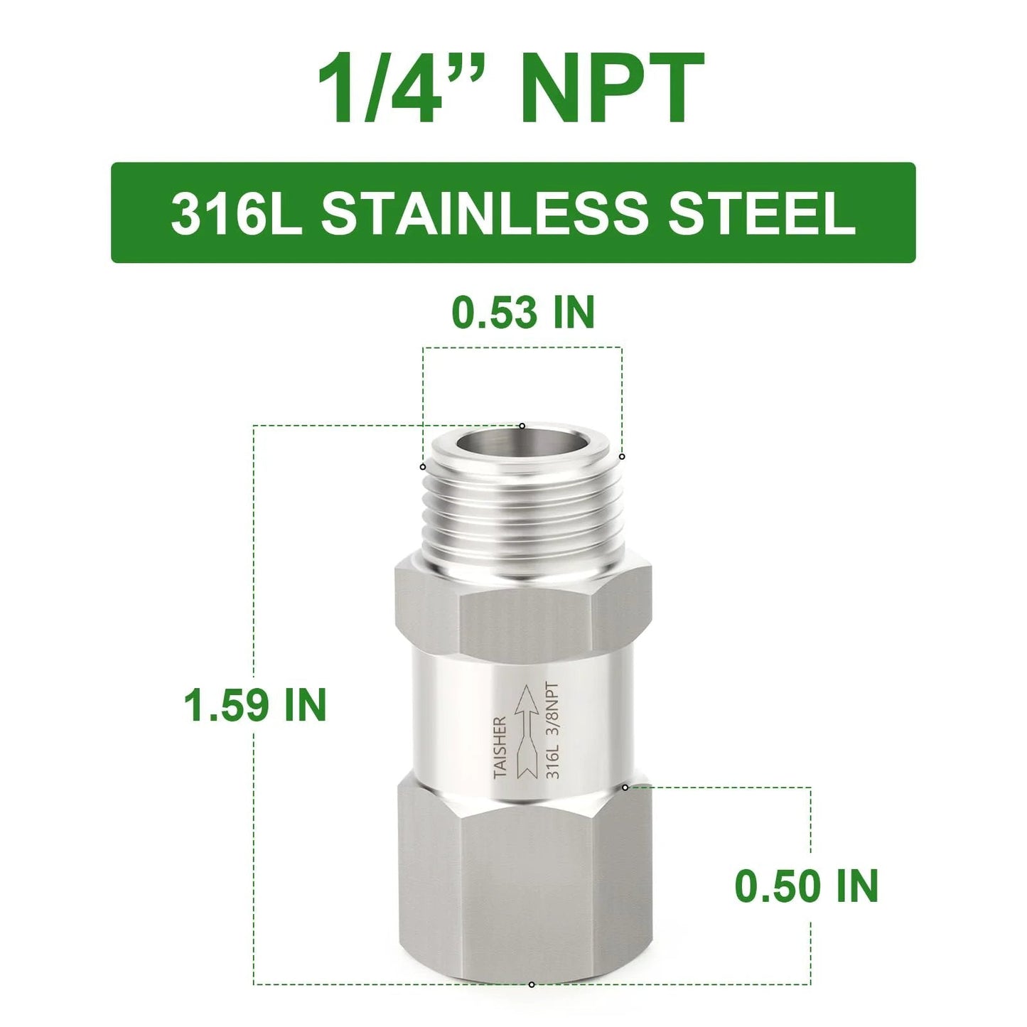 316L Stainless Steel Check Valve One Quarter Inch NPT Male To One Quarter Inch NPT Female Backflow Prevention One Way Non Return Valve For Industrial Piping Forged 316L Construction