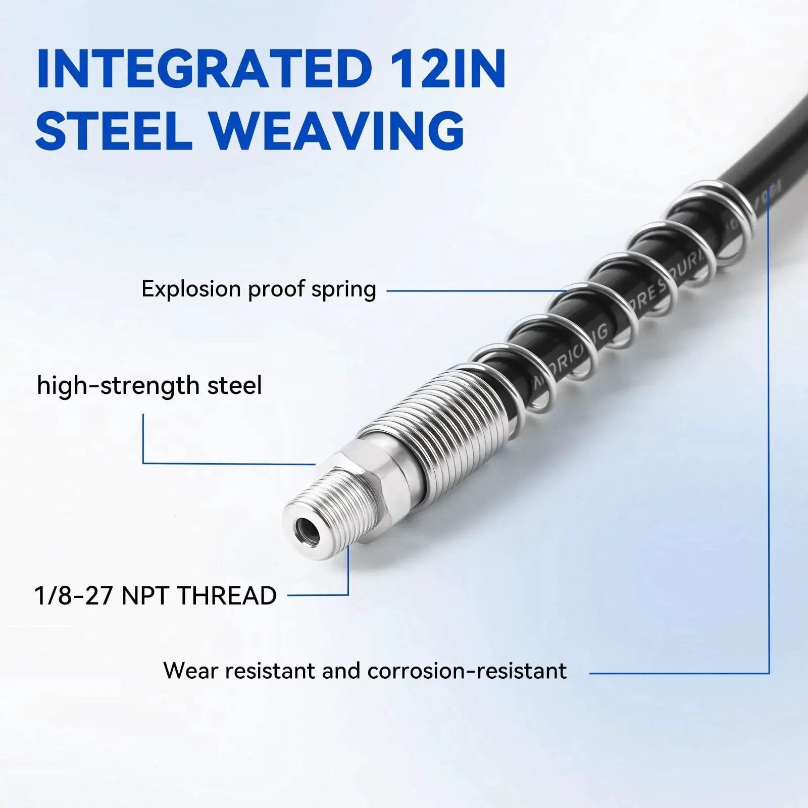 Close-up of grease gun hose with explosion-proof spring and high-strength steel, part of Grease Gun Accessory Kit With 12 Inch Hose Two Needle Nozzles 90 Degree Coupler Adapter With Sleeves Zerk Fitting Cleaner Grease Filling Nozzle Grease Tip Set And More For Quick Lubrication Versatile Fittings And Easier Maintenance.