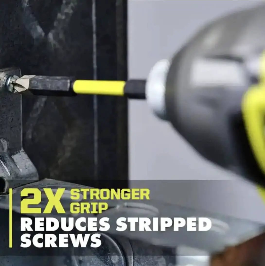 Close-up of 200 Piece Drill And Impact Drive Set Ryobi With Diamond Grit Bits for stronger grip, in use on a screw.