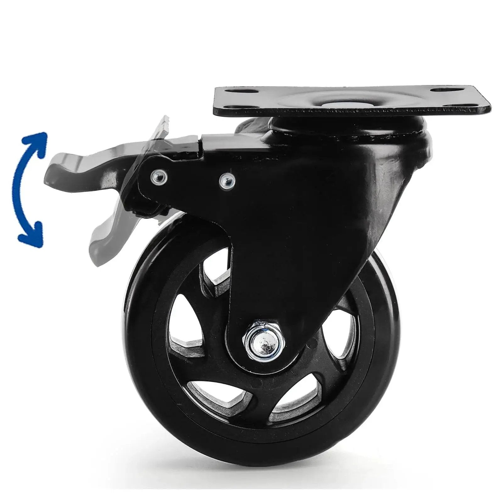 Side view of black 4 inch heavy duty swivel plate caster wheel with brake and 360 degree dual locking, PVC material.