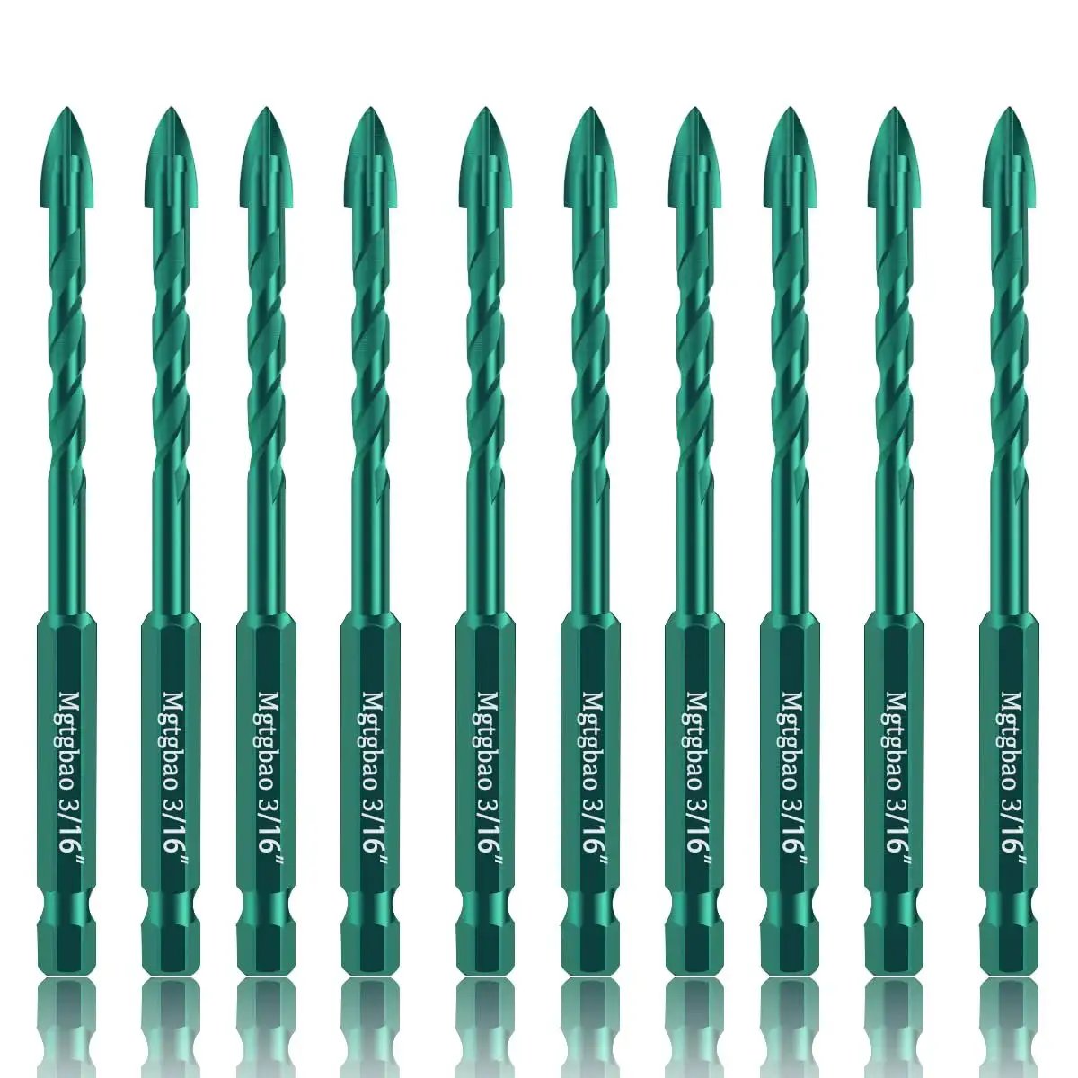Front view of Green Concrete Drill Bit Set By Mgtgbao, 10 PC Three Sixteenths Inch Masonry Drill Bits with Tungsten Carbide Tip