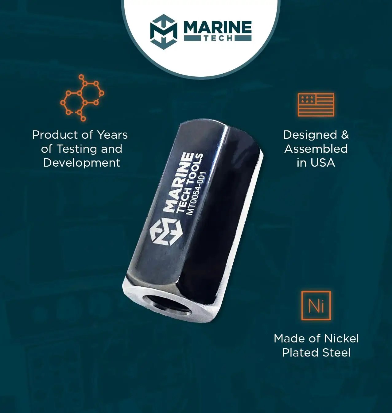 Nickel-plated steel prop shaft and bearing housing remover tool, designed for use with Suzuki, Yamaha, and Honda outboard motors.