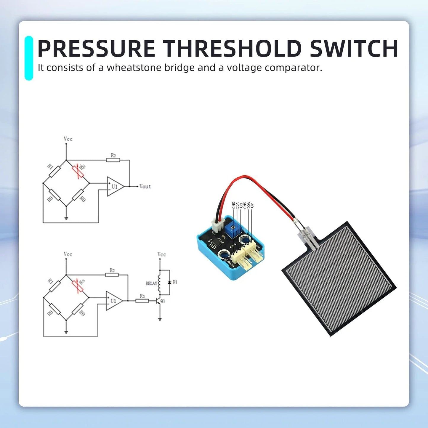 Pressure threshold switch with wheatsone bridge and voltage comparator illustration.