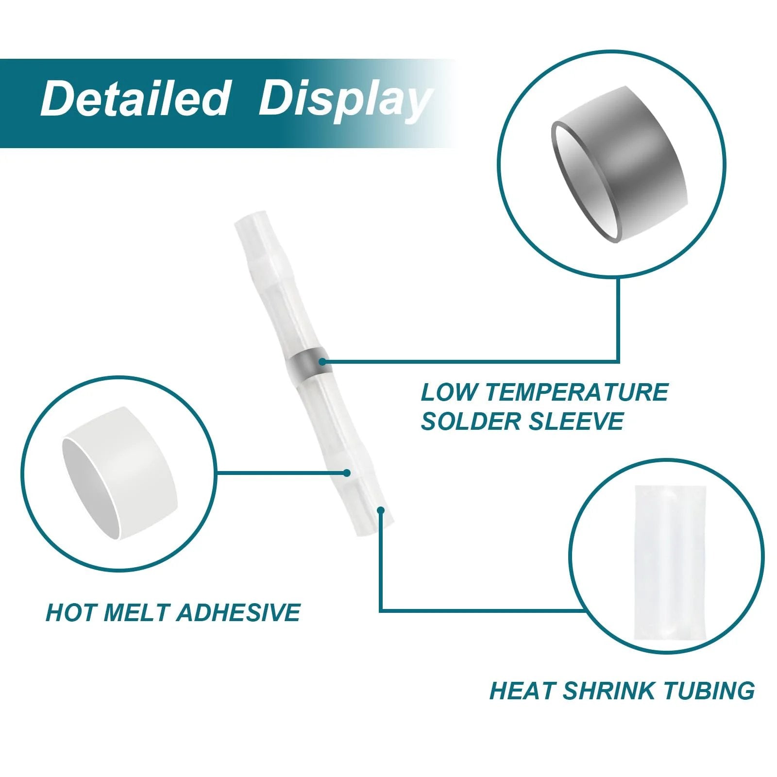 Diagram showing solder seal wire connectors kit with heat shrink waterproof butt connectors for 26-24 AWG cables components.