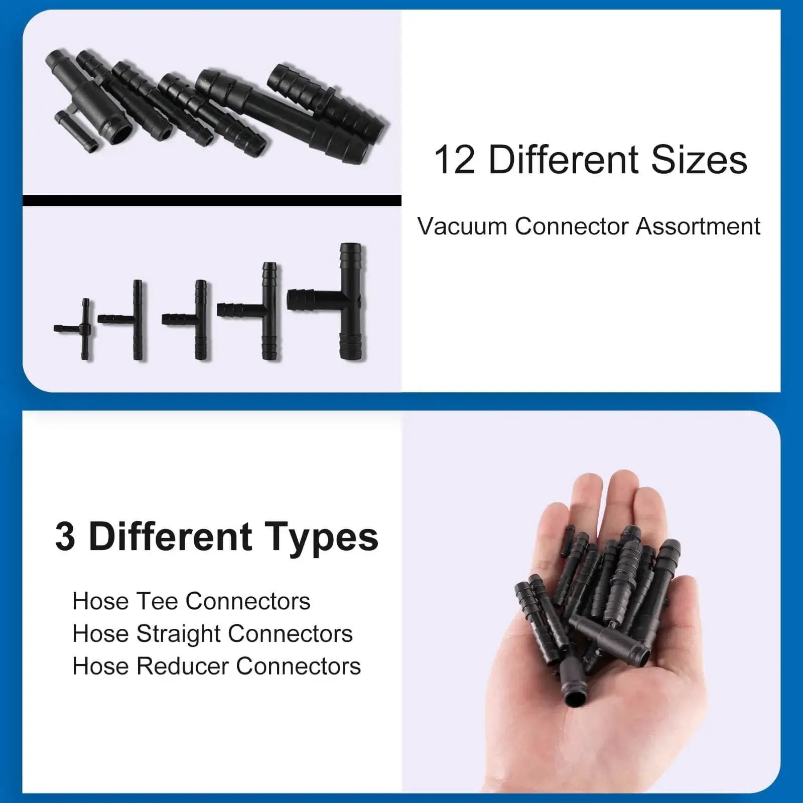 105 Piece Automotive Vacuum Connector Kit With 12 Sizes From 1 8 Inch To 3 8 Inch Nylon Vacuum Tubing Connectors Including Tee And Straight Adapters
