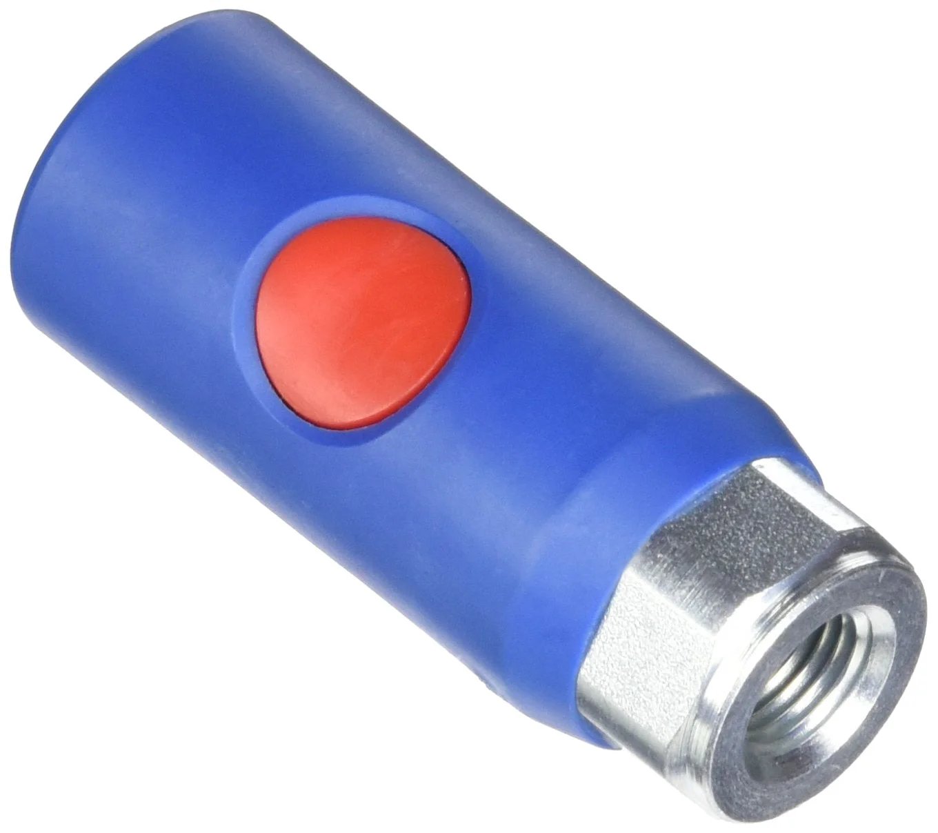 One Quarter Inch Truflate Style Safety Coupler With Push Button Quick Connect, Heavy Duty Composite Body In Blue With Red Button, Non Scratching Design For Industrial Air Tools Prevost PRVURC061201