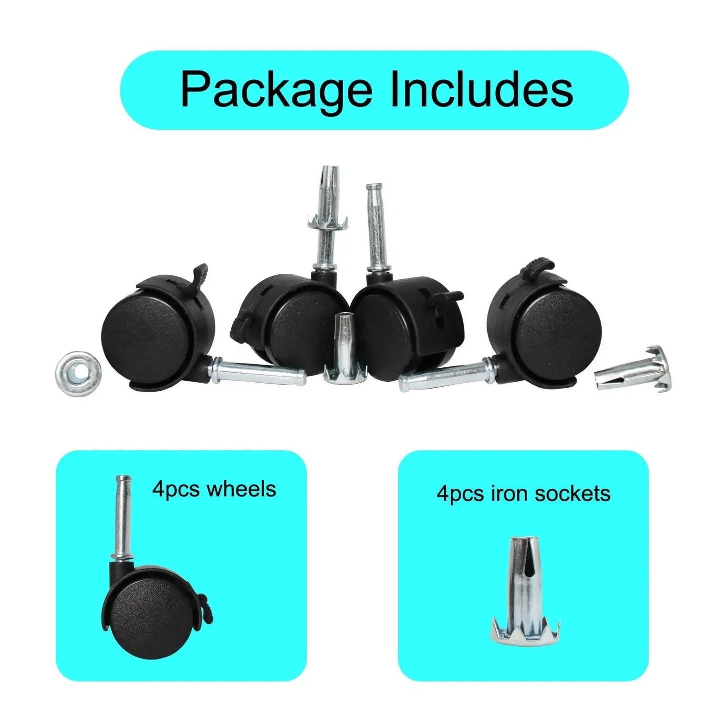 4 Pack M8 Grip Neck Stem Caster Wheels 1.5 Inch Swivel Castors With Locking Brakes Friction Stem Mounts package with accessories