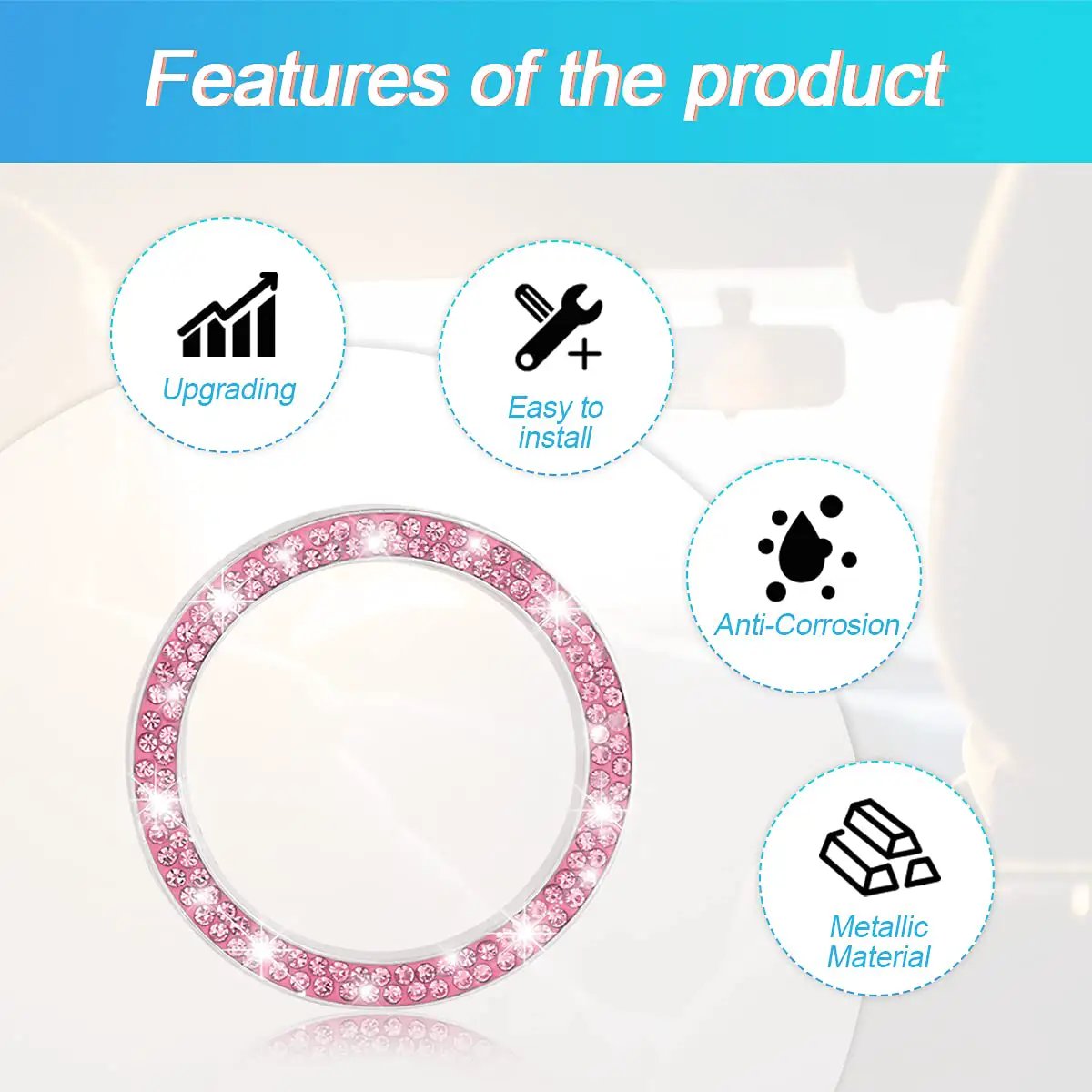 Close-up of Car Bling Crystal Rhinestone Engine Start Ring Decals 2 Pack, showcasing metallic pink design and features.