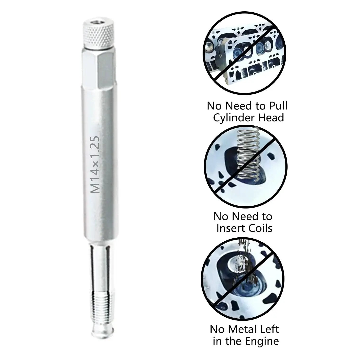 Back Tap Spark Plug Thread Repair Tool For M14x1.25 Threads Prevents Shavings made of 42CrMo steel, shown with usage benefits