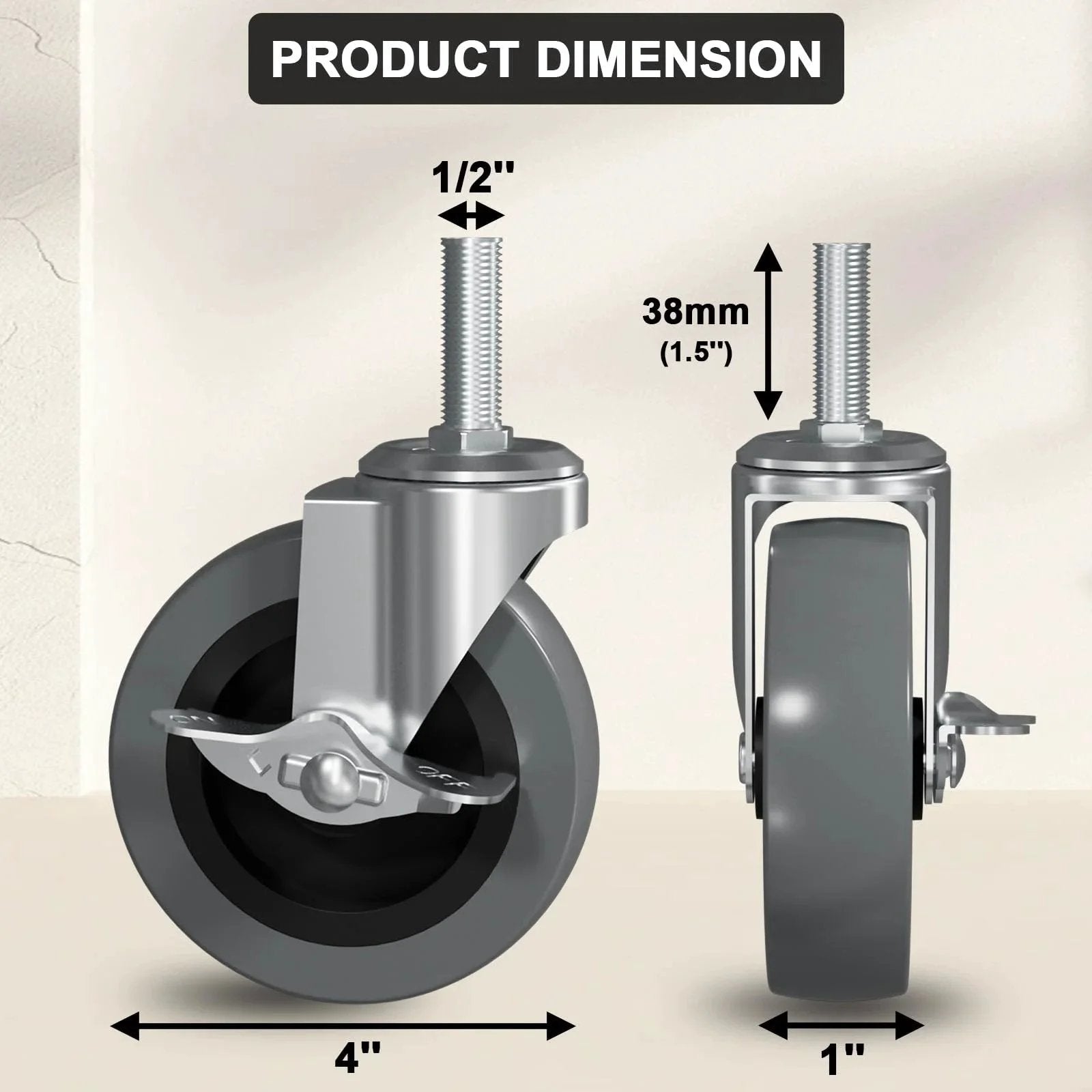 Product dimensions of 4 Inch Caster Wheels Set Of Four With Locking Threaded Stem 1/2-13 X 1-1/2 Inches, showing side and front view