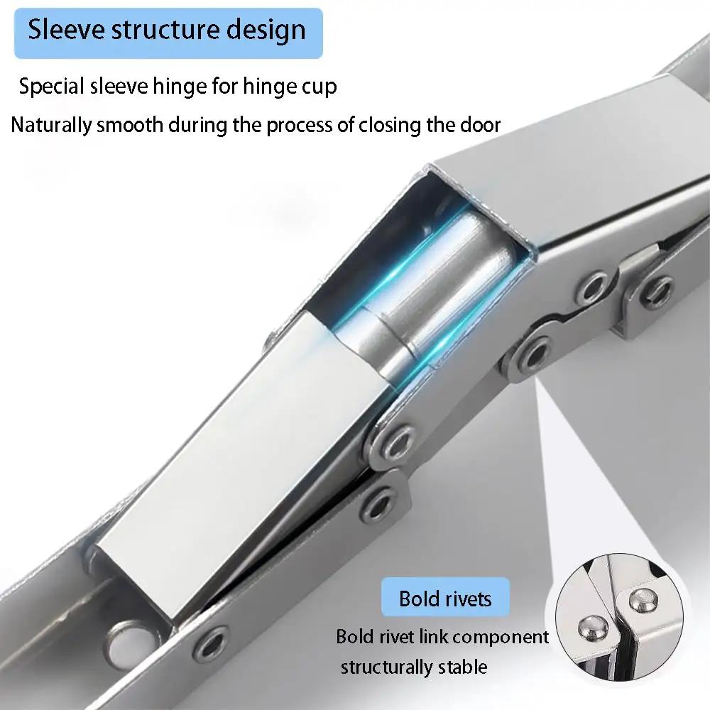 Close-up of sleek invisible concealed hydraulic buffer cabinet hinge, heavy duty rust resistant steel, detailed structure view.