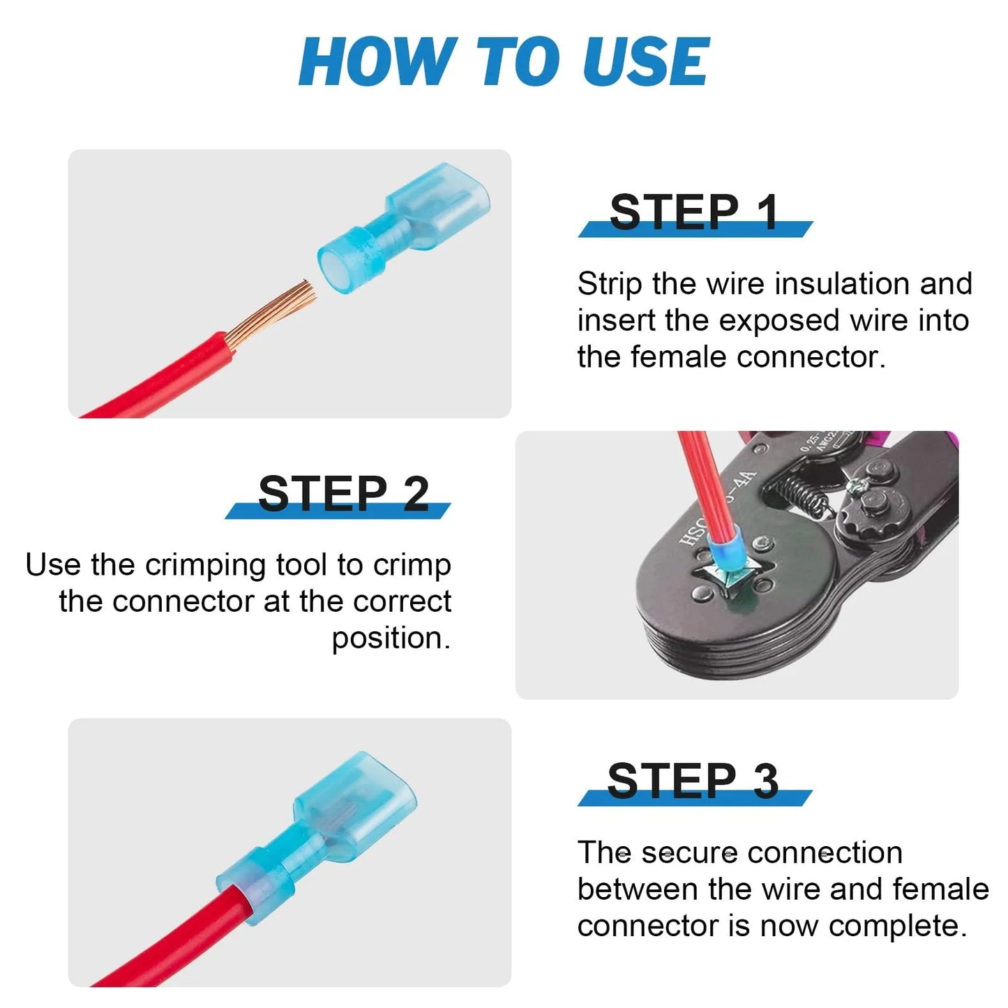 Steps for using Premium 90 Piece Nylon Spade Wire Terminal Connector Kit For 12 10 AWG To 22 16 AWG Fully Insulated Quick Disconnect Terminals