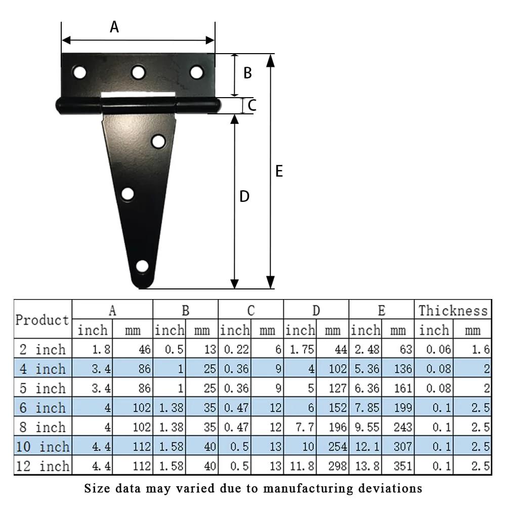 Heavy Duty Tee Hinge Set 4 Inch 4 Pc Rustproof Wrought Iron Black Finish dimensions chart with measurements table.