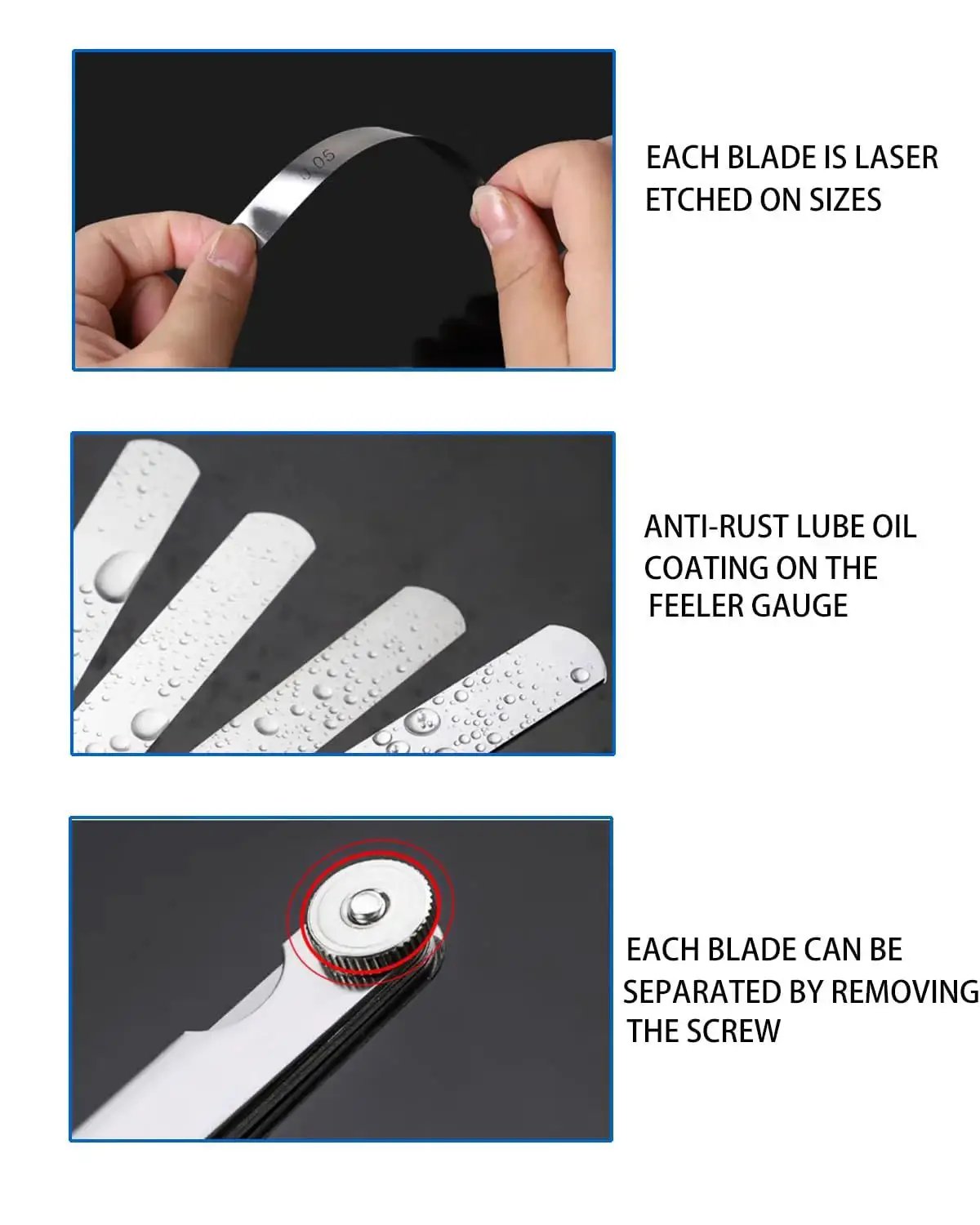 Close-up of 32 Blade Feeler Gauge Set Heavy Duty Stainless Steel Dual Marked Metric And SAE Foldable For Easy Carry