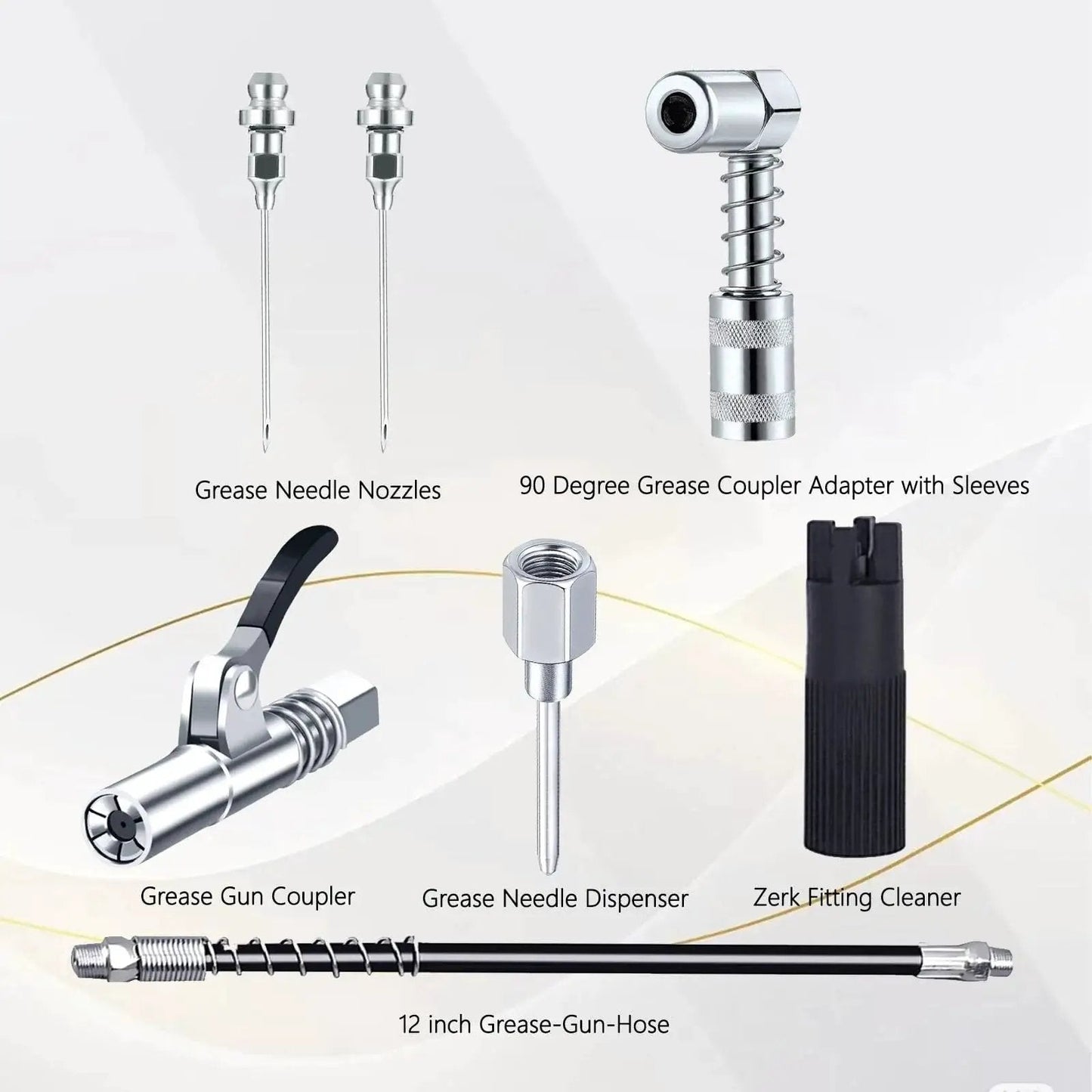 Grease Gun Accessory Kit With Needle Dispenser And Two Needle Nozzles, 90 Degree Coupler Adapter With Sleeves, Durable Grease Gun Coupler, 12 Inch Hose, And Zerk Fitting Cleaner for quick lube on cars, trucks, machinery, bikes, and outdoor gear.
