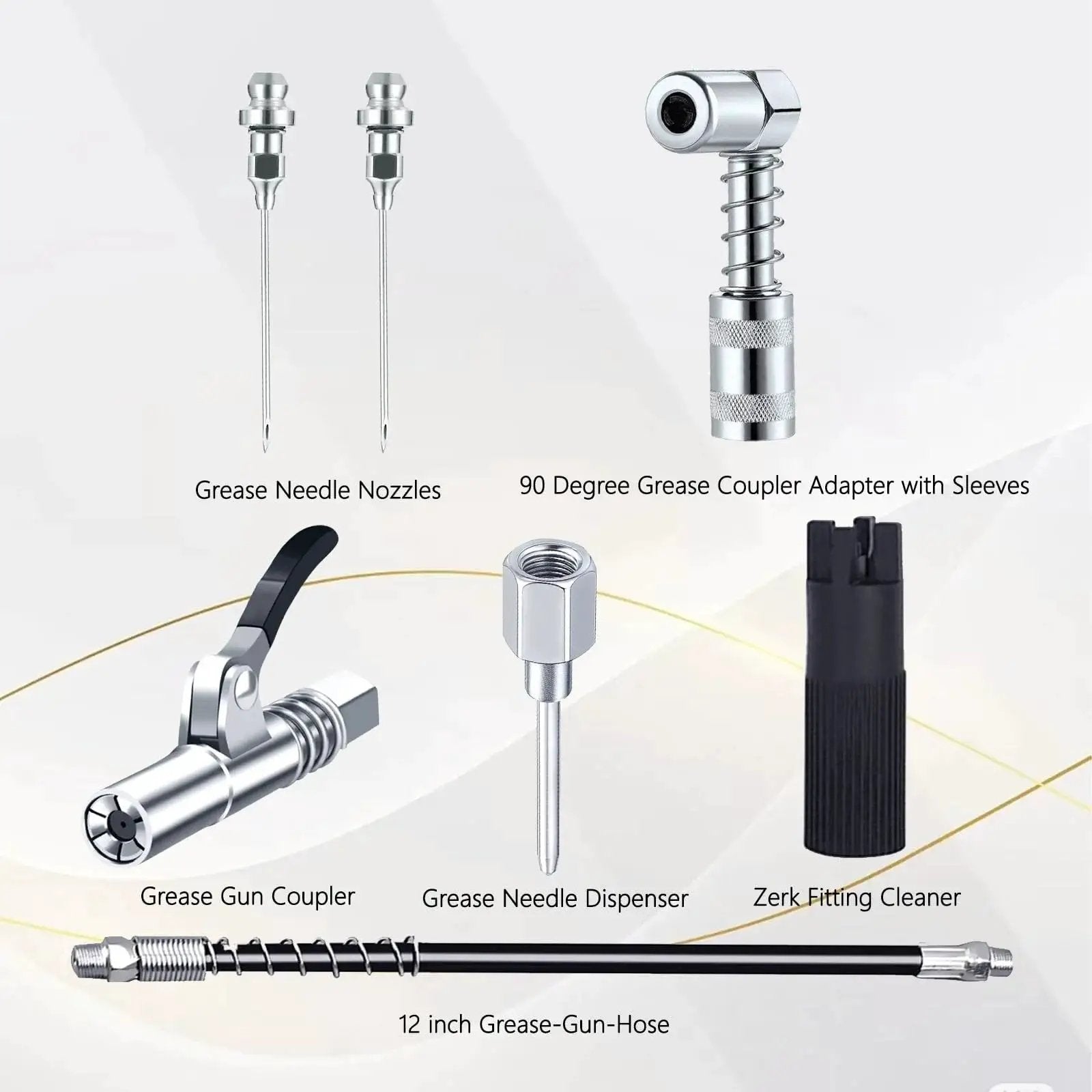 Grease Gun Accessory Kit With Needle Dispenser And Two Needle Nozzles, 90 Degree Coupler Adapter With Sleeves, Durable Grease Gun Coupler, 12 Inch Hose, And Zerk Fitting Cleaner for quick lube on cars, trucks, machinery, bikes, and outdoor gear.