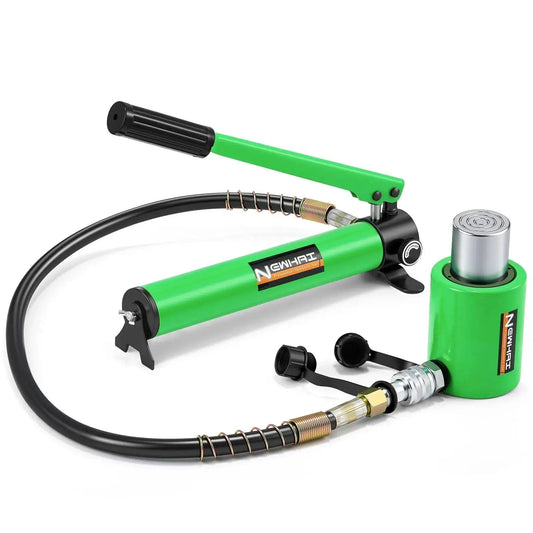 20 Ton Hydraulic Porta Power Kit With CP 180 Hand Pump Retractable Lift Cylinder, green hydraulic components, close-up view