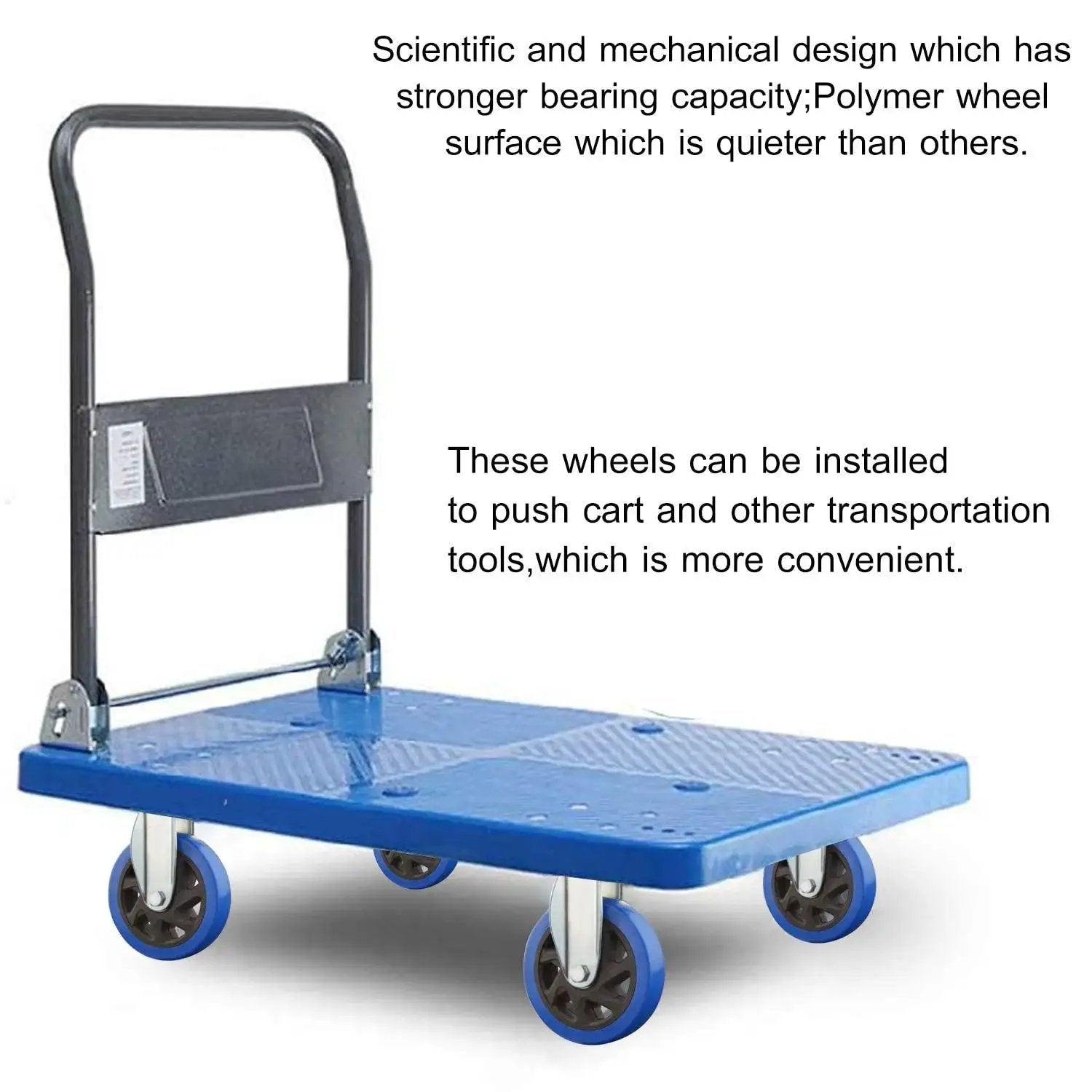 Platform cart equipped with Heavy Duty PU Plate Caster Wheels Set Of 2 For Trolleys And Carts 4 Inch Diameter