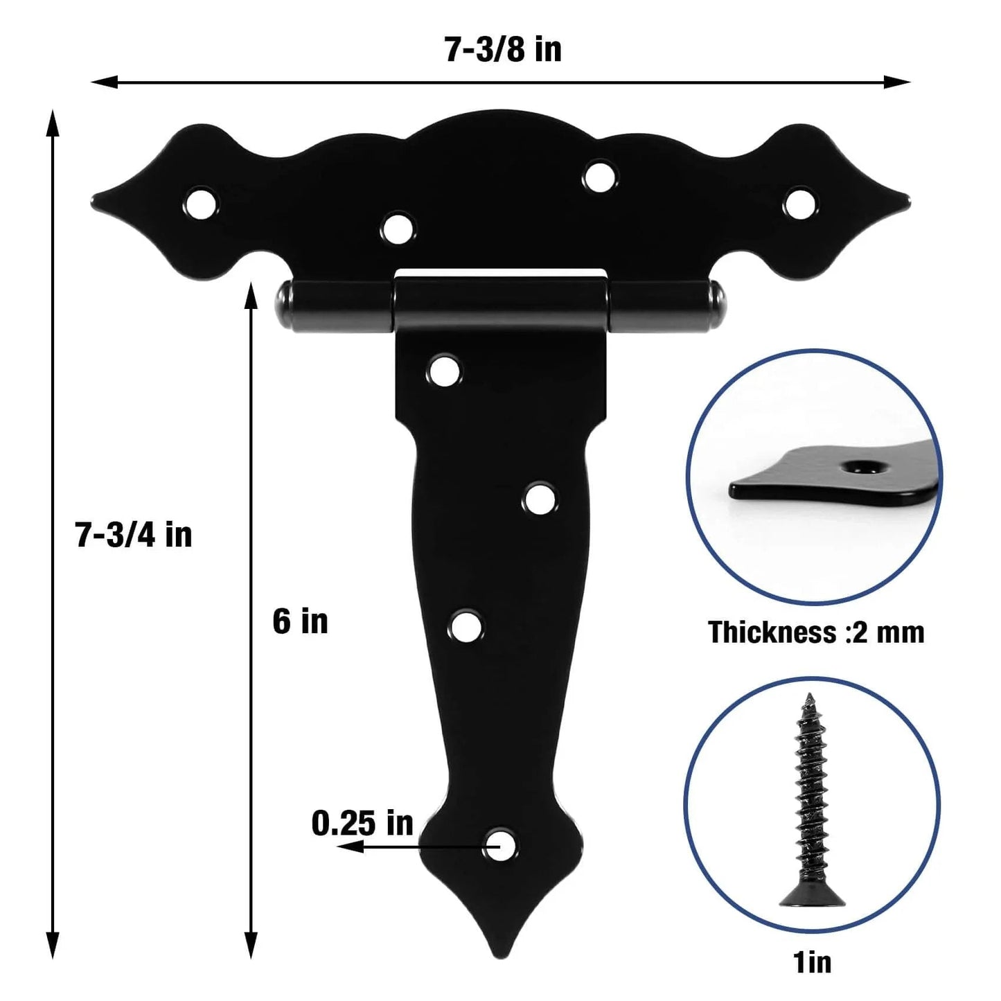 4 Pack Heavy Duty 6 Inch T Strap Gate Hinges 2mm Thick Universal Barn Shed Door Hardware with 270 Degree Rotation, black iron hinge with dimensions