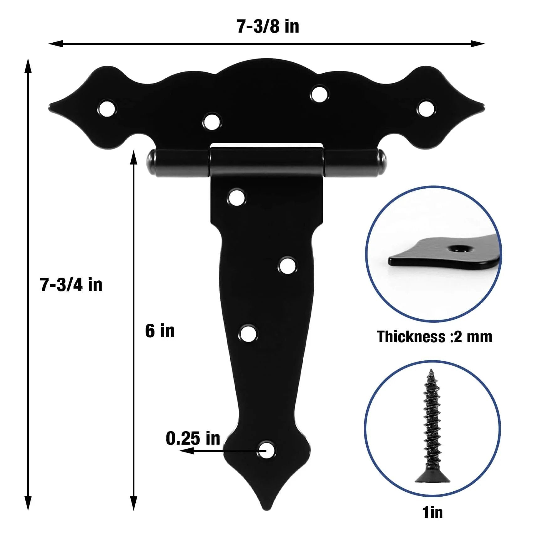 4 Pack Heavy Duty 6 Inch T Strap Gate Hinges 2mm Thick Universal Barn Shed Door Hardware with 270 Degree Rotation, black iron hinge with dimensions