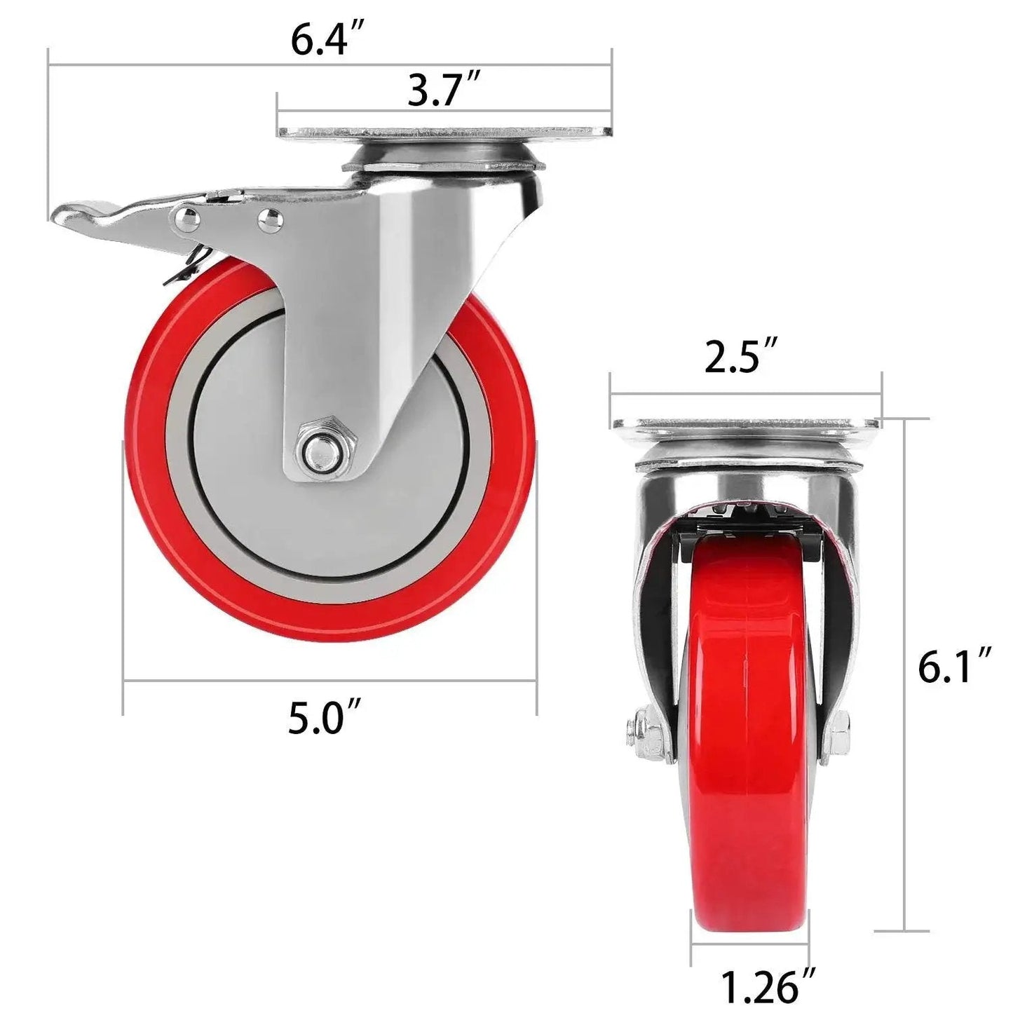 Heavy duty 5 inch plate caster wheels set of 4 with safety dual lock brakes, no noise, swivel casters, dimensions displayed.